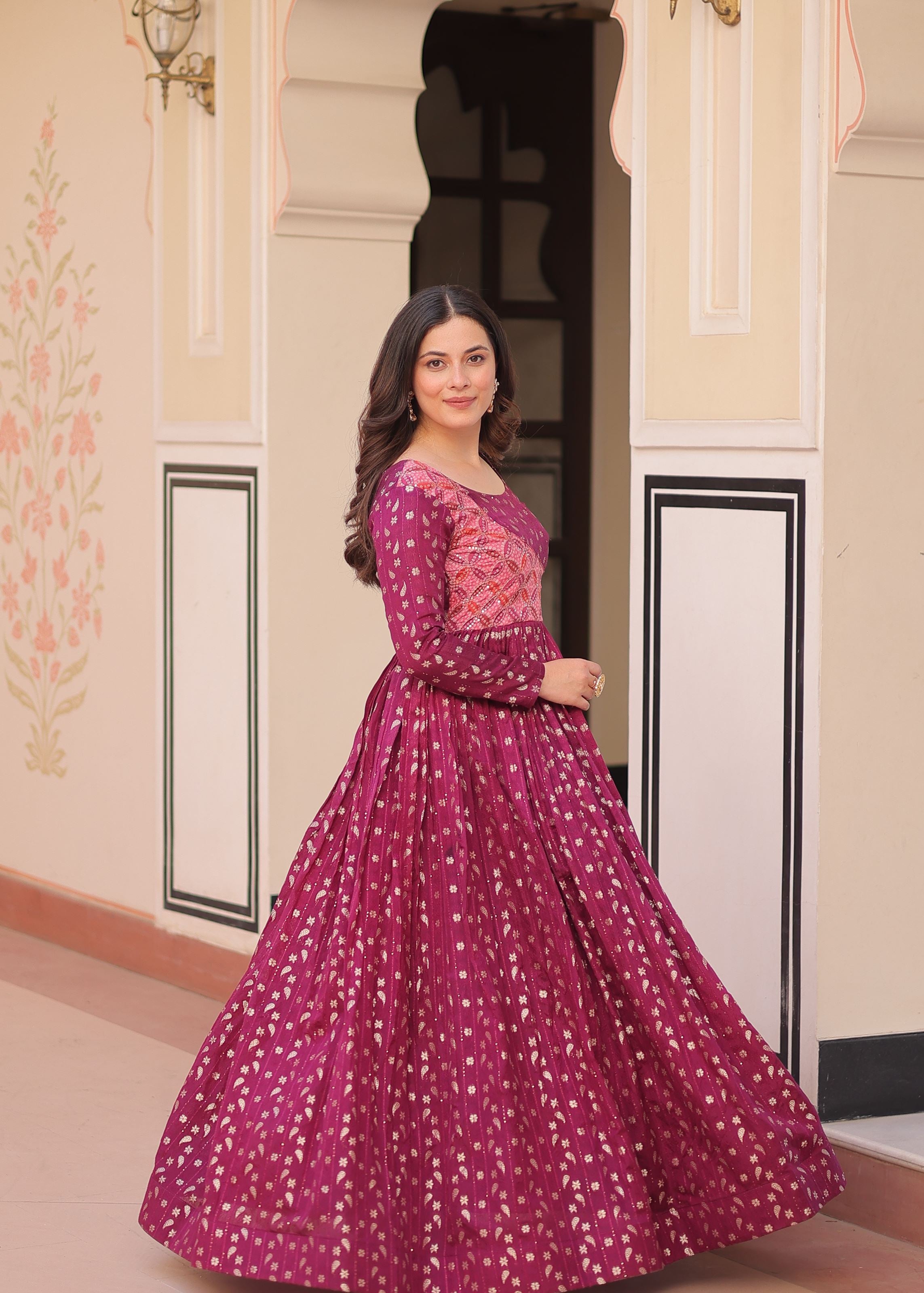 Wine Jacquard Gown With Position Print With Weaving Work