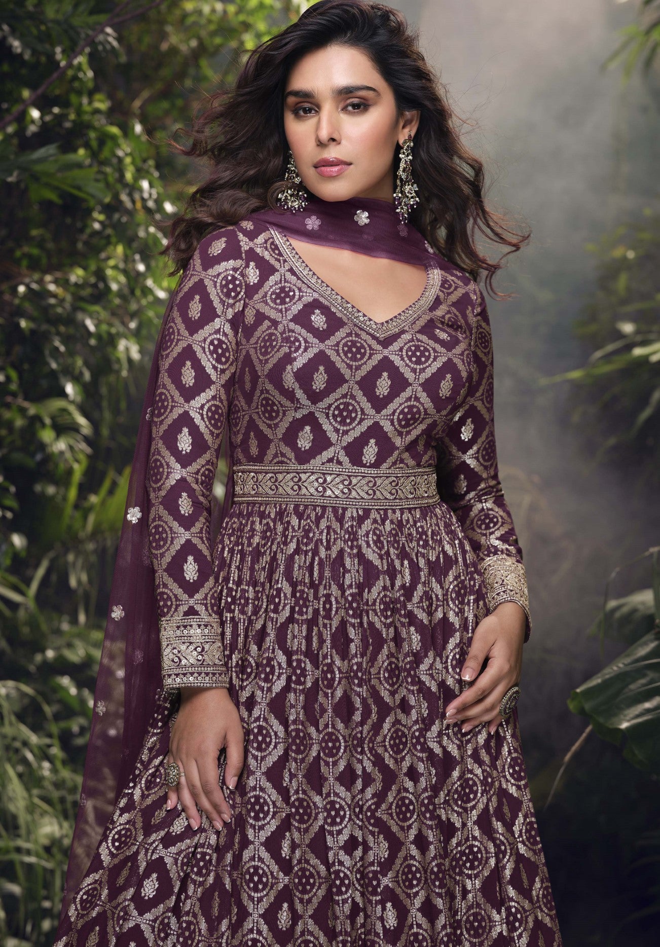 Wine Jacquard Silk Suit Set With Thread Embroidery