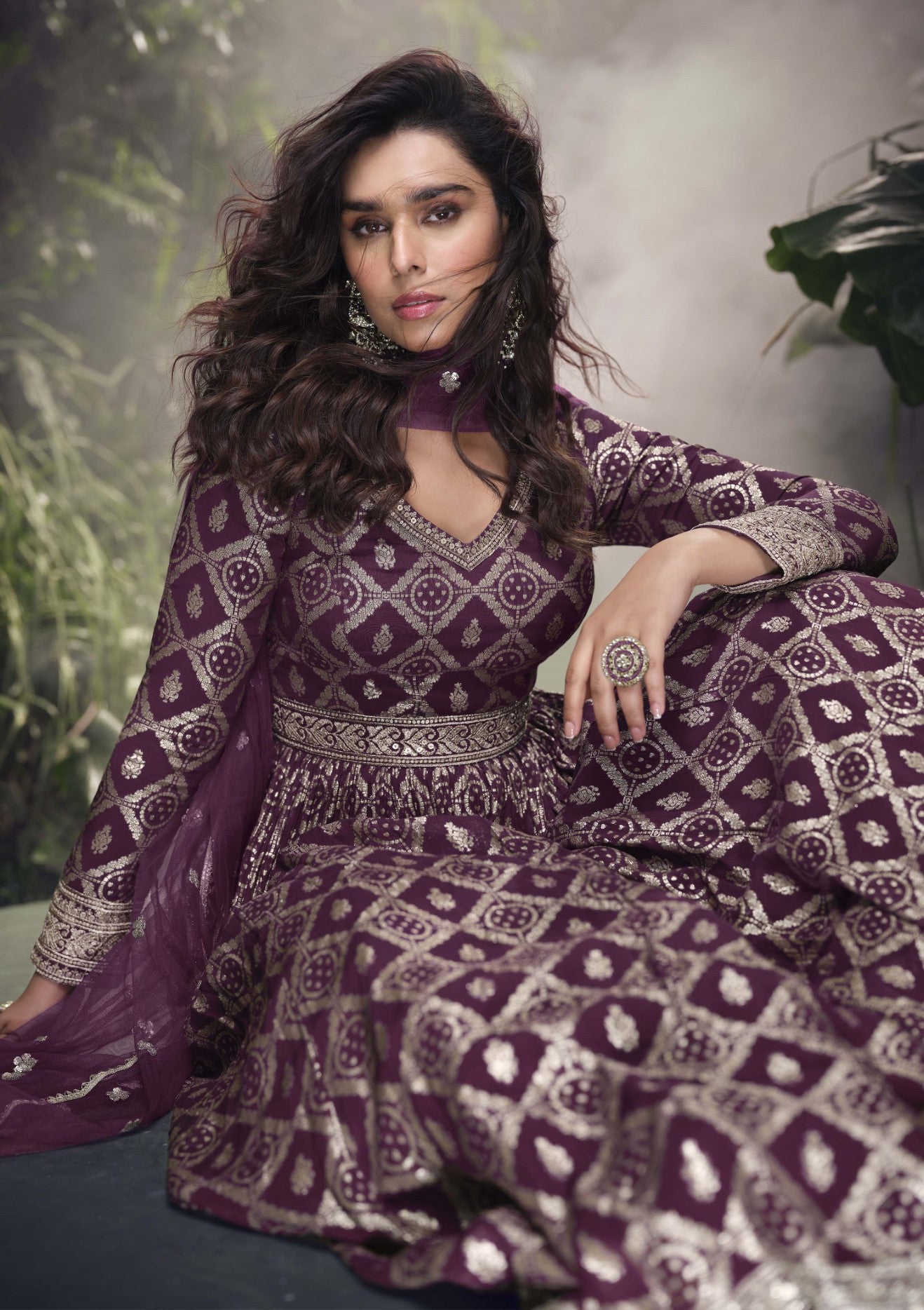 Wine Jacquard Silk Suit Set With Thread Embroidery