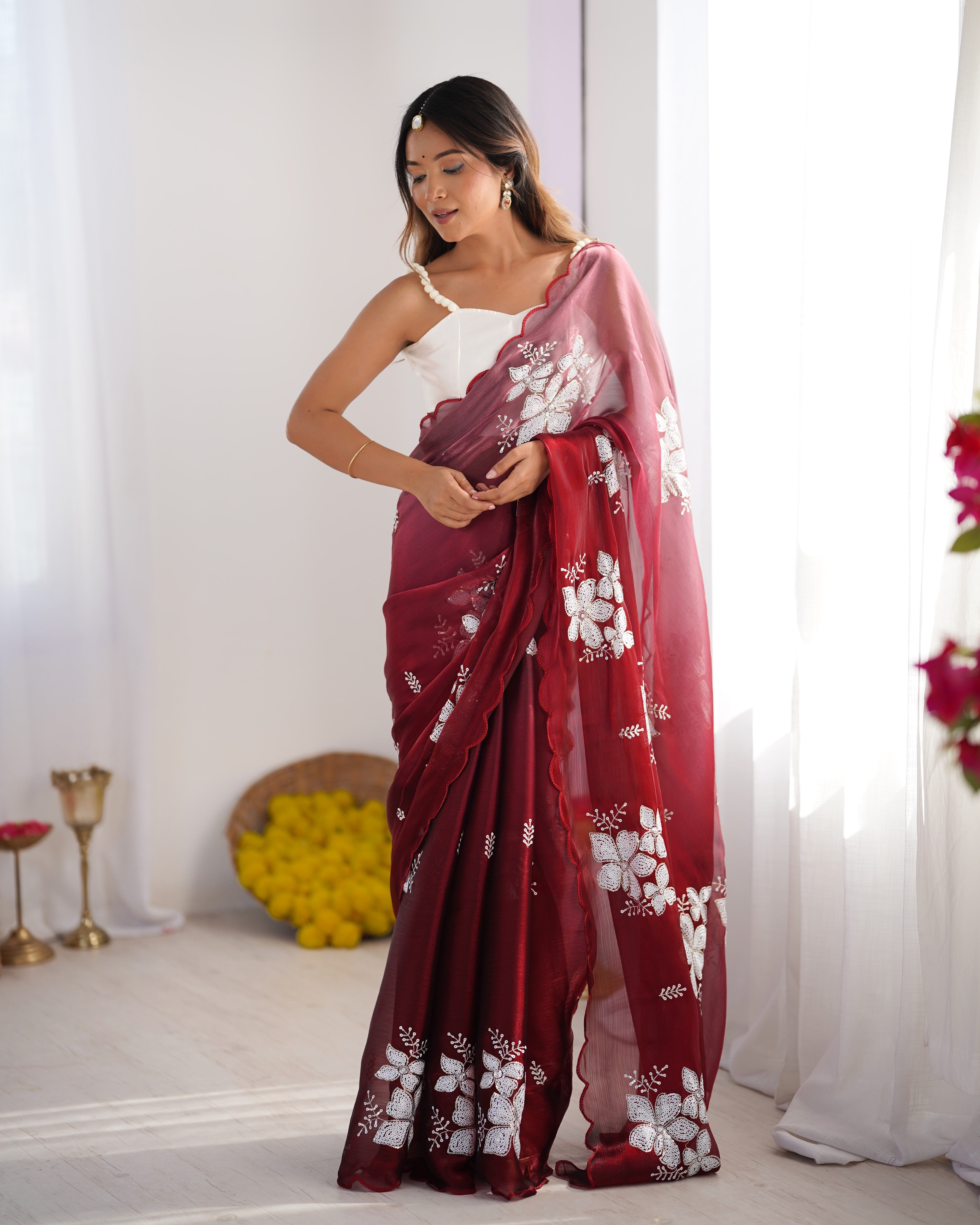 Wine Jimmy Choo Designer Dual Sequance Embroidery Work Beautiful Partywear Saree