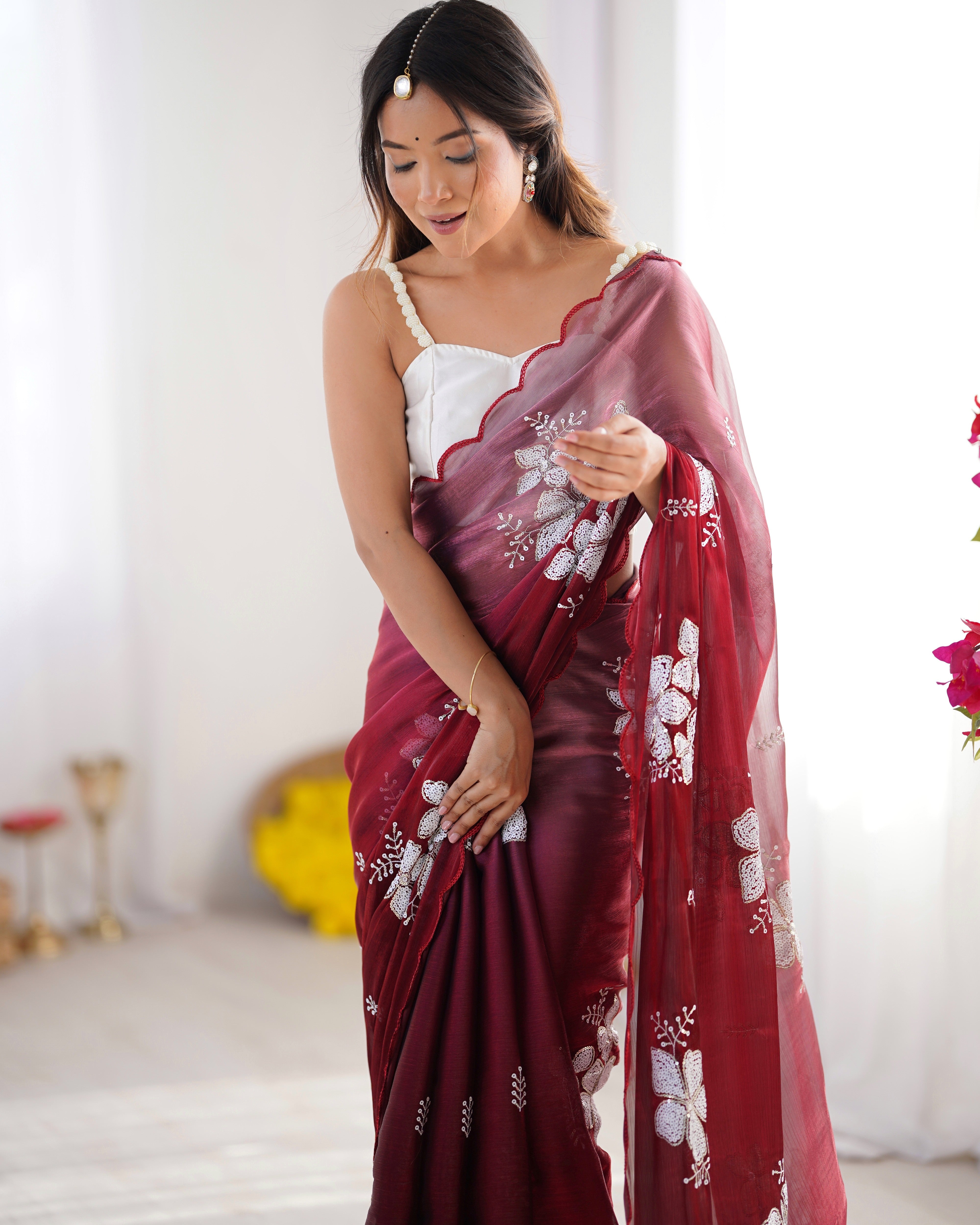 Wine Jimmy Choo Designer Dual Sequance Embroidery Work Beautiful Partywear Saree