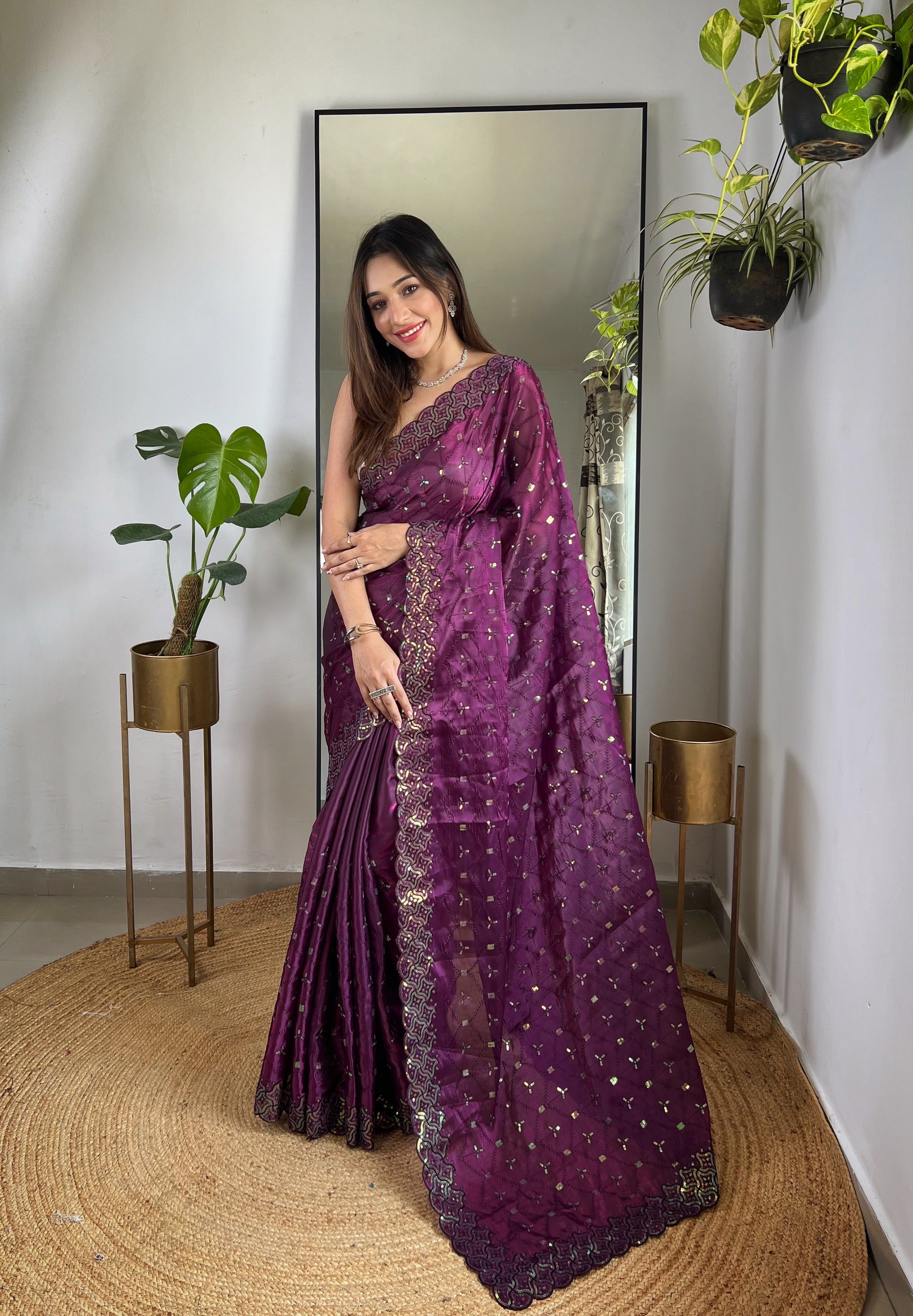 Wine Jimmy Choo Fabric Designer Bollywood Sequins Work Saree