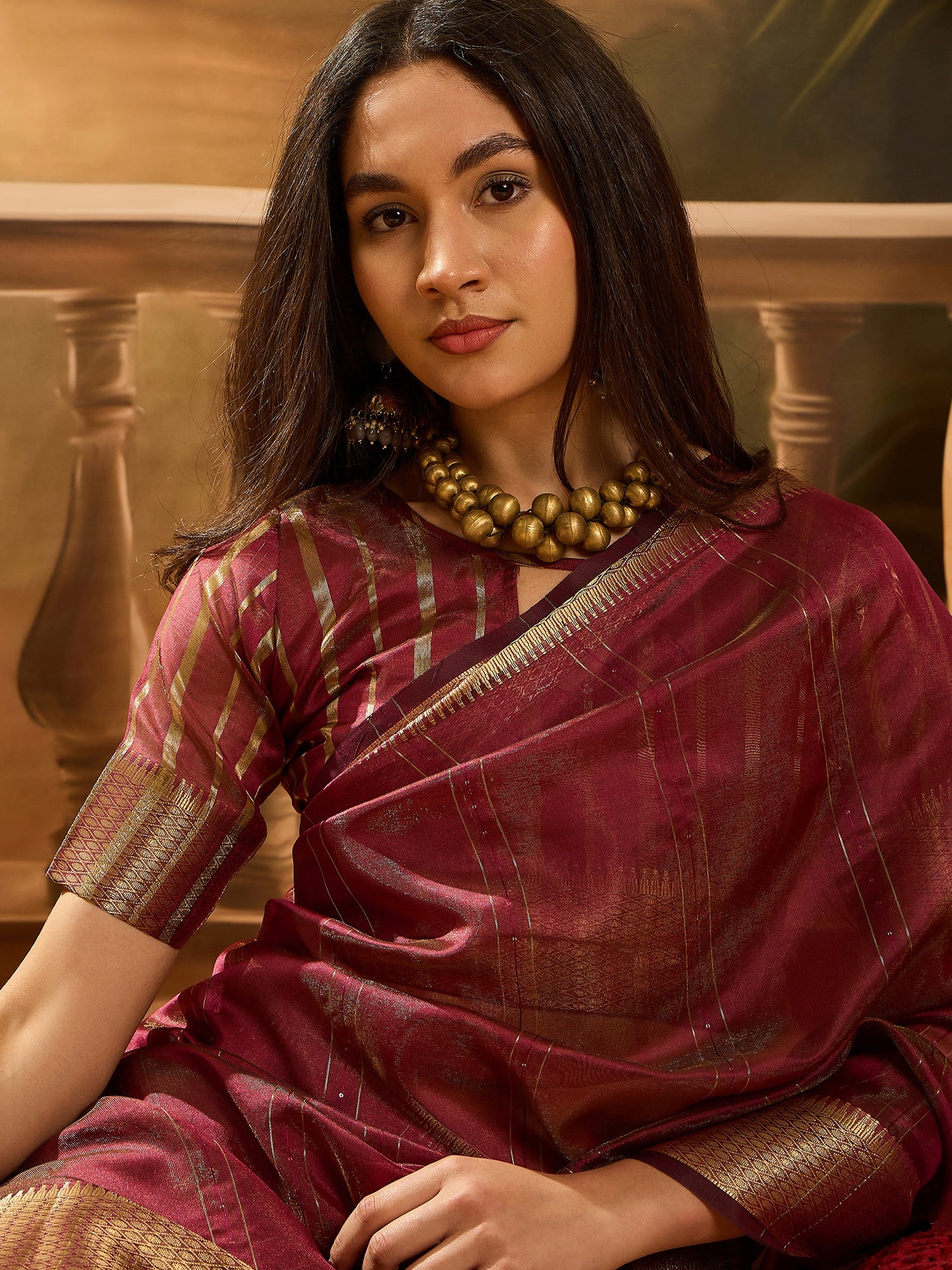 Wine Khadi Organza Woven Jacquard Designer Ethnic Partywear Saree