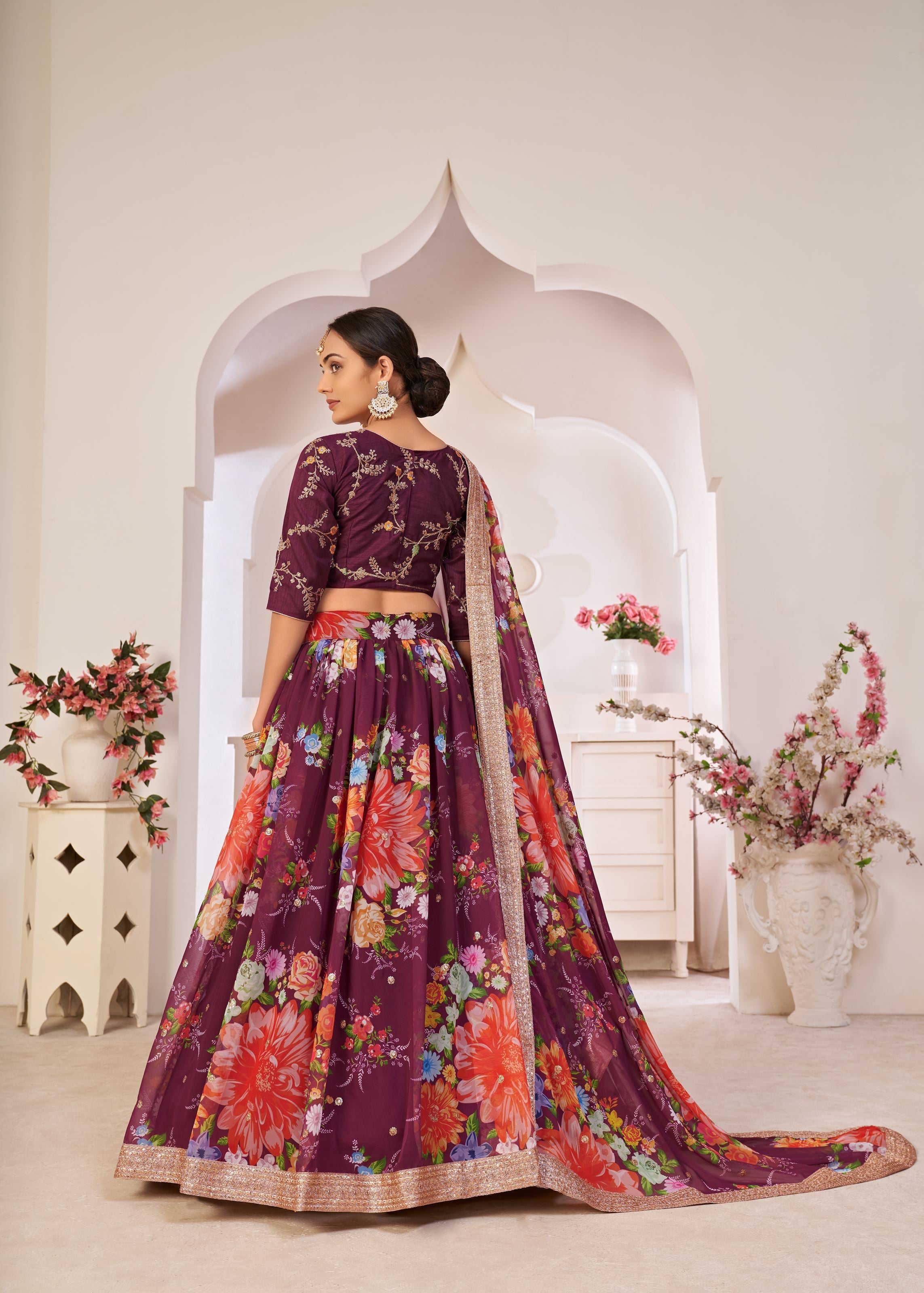 Wine Lehenga Choli With Digital Floral Print And Embroidered Work With Jari Sequins Dori Work