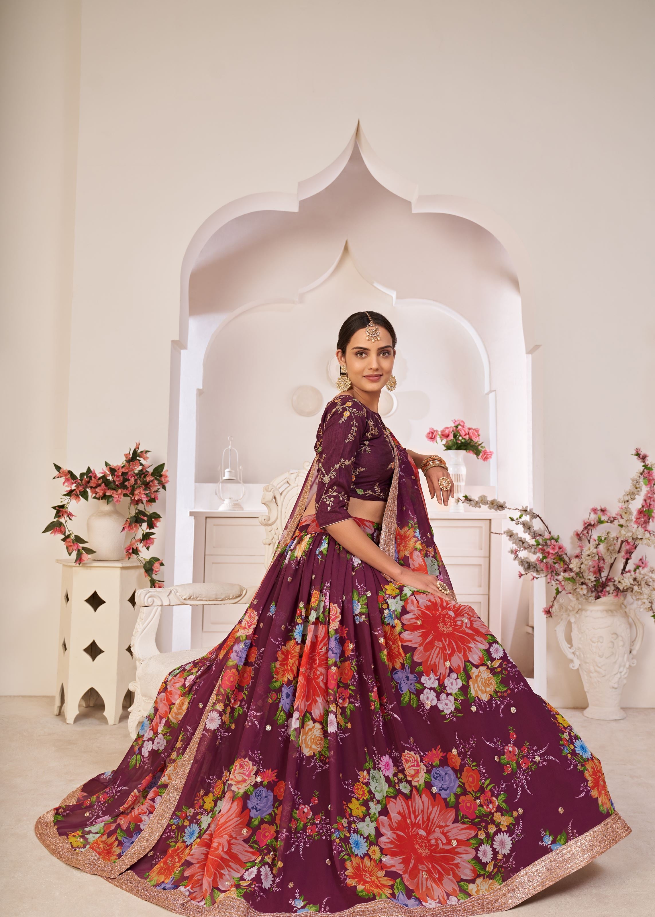 Wine Lehenga Choli With Digital Floral Print And Embroidered Work With Jari Sequins Dori Work