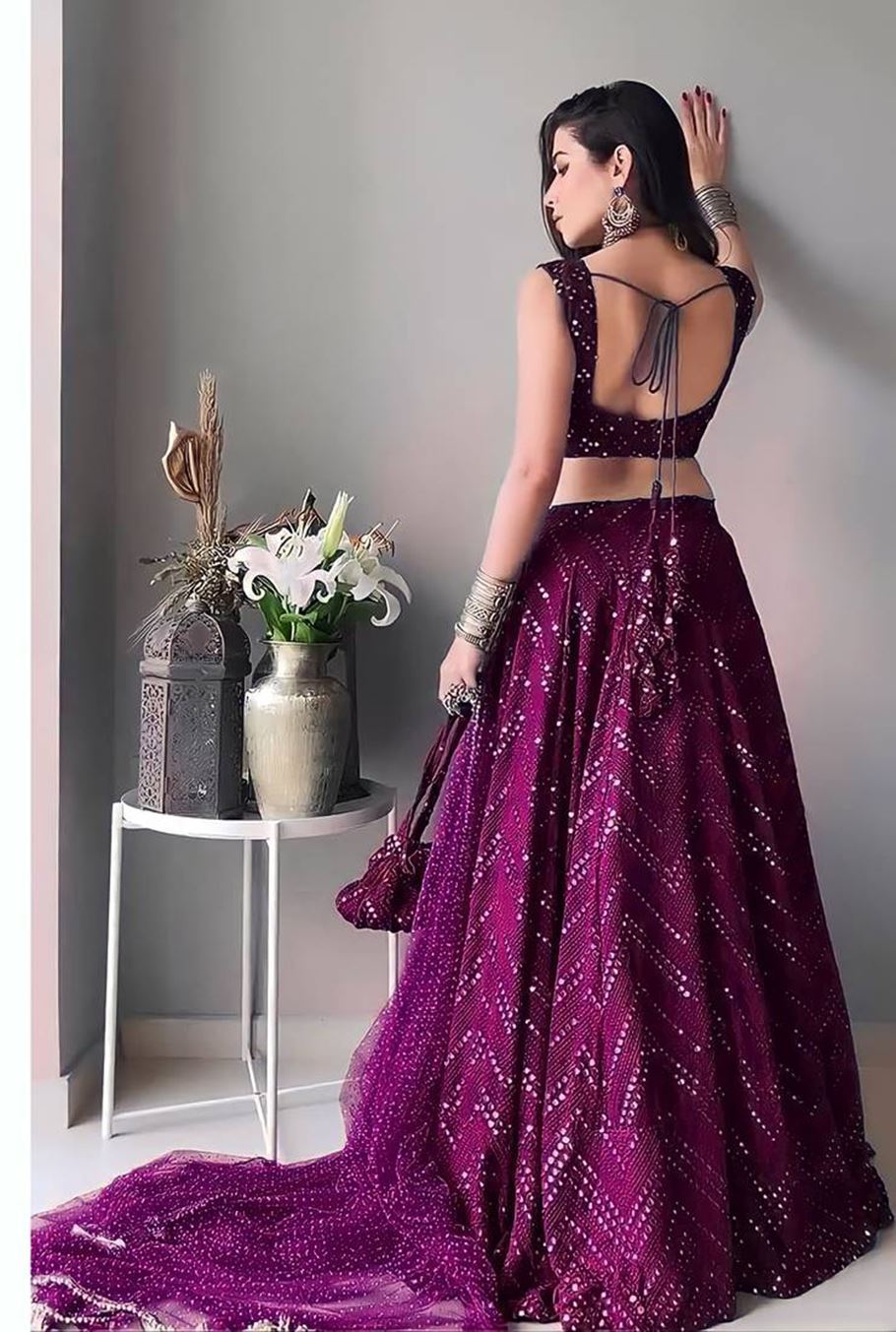 Wine Lehenga Choli With Thread Embroidery Work