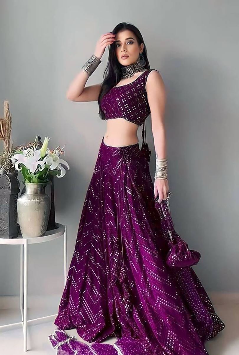 Wine Lehenga Choli With Thread Embroidery Work
