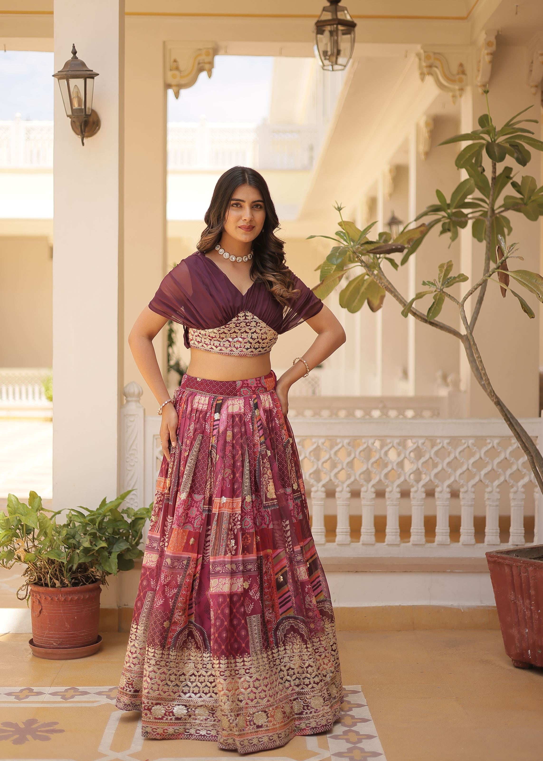 Wine Lehenga Choli With Thread and Embroidery Work