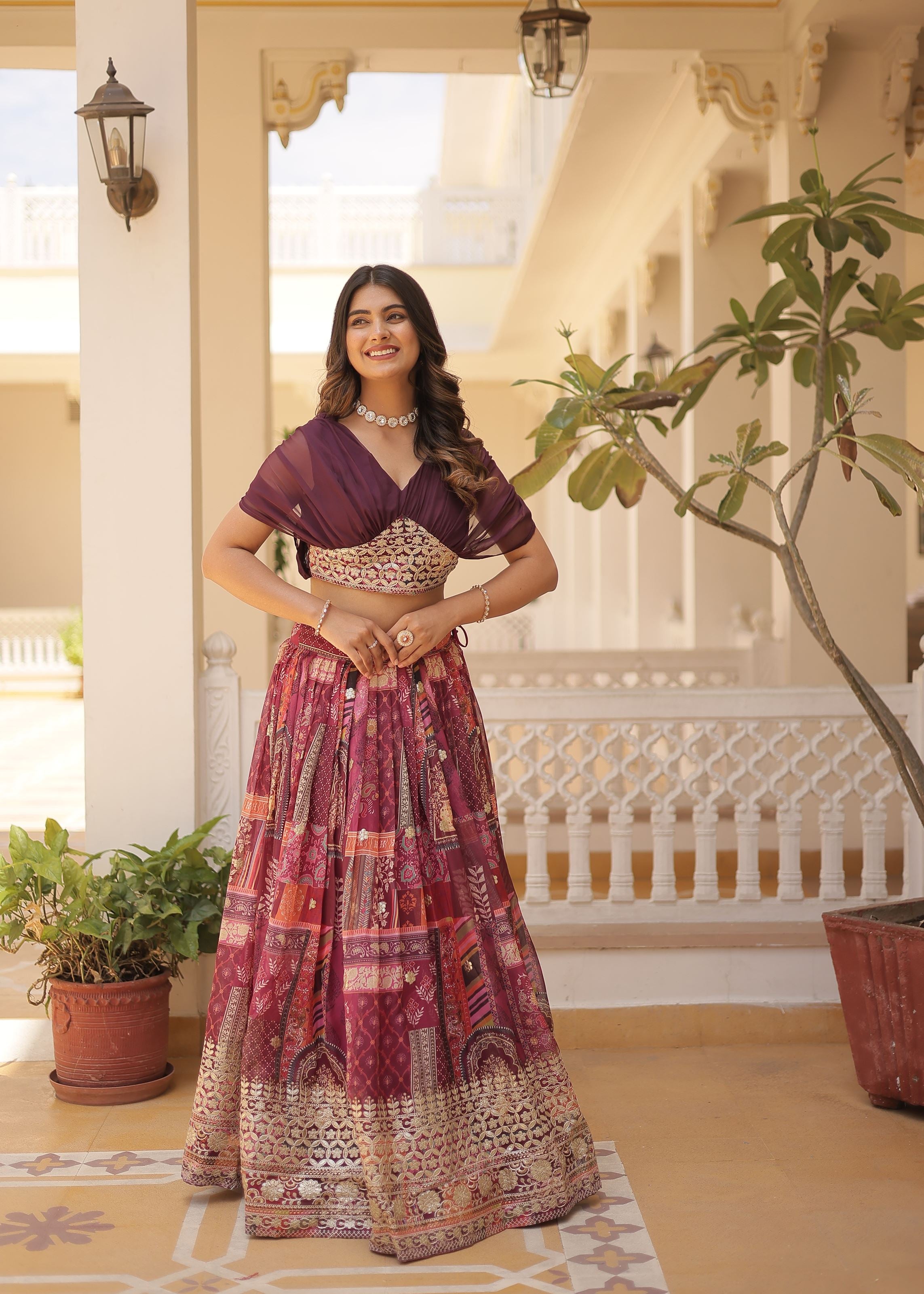 Wine Lehenga Choli With Thread and Embroidery Work