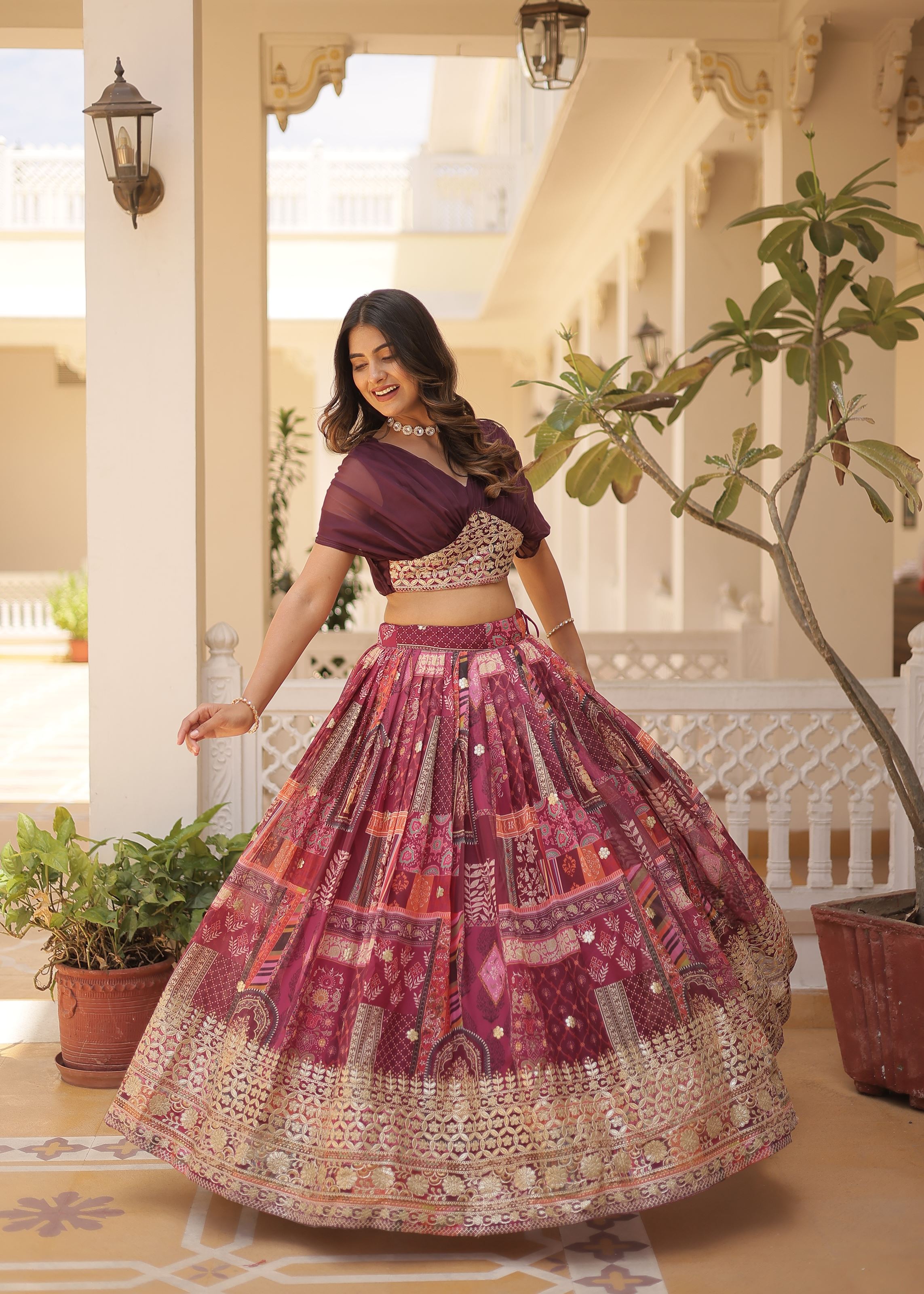 Wine Lehenga Choli With Thread and Embroidery Work