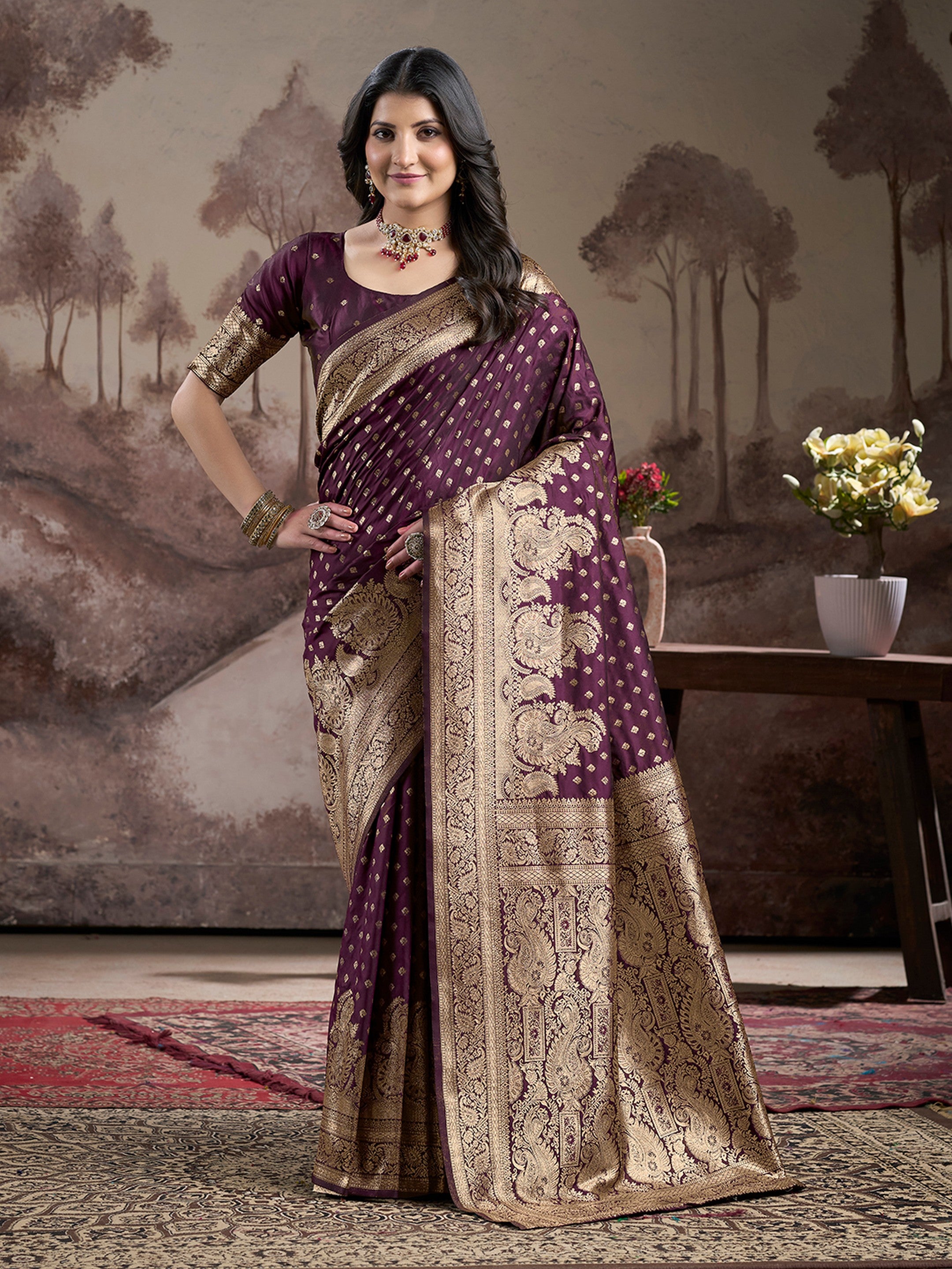 Wine Lichi Silk Woven Rich Pallu Designer Heavy Partywear Saree