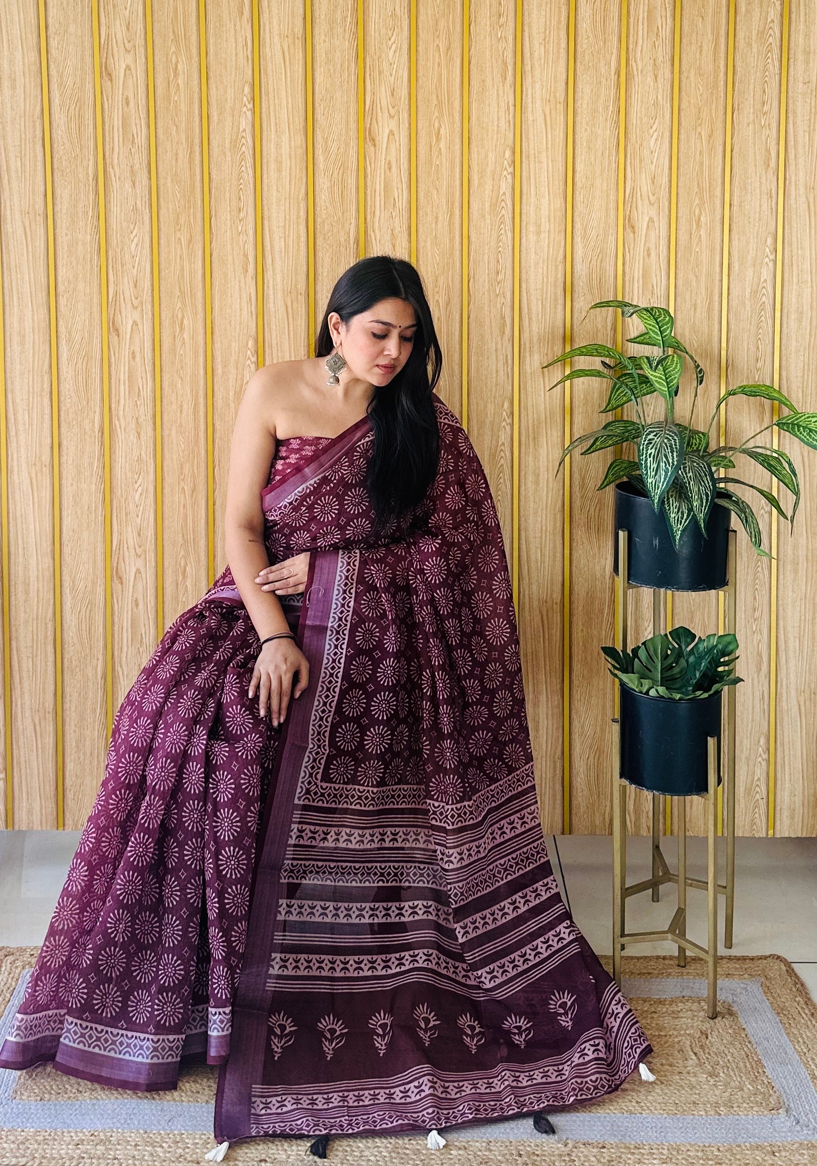 Wine Linen Cotton Digital Batik Printed Traditional Looks Saree