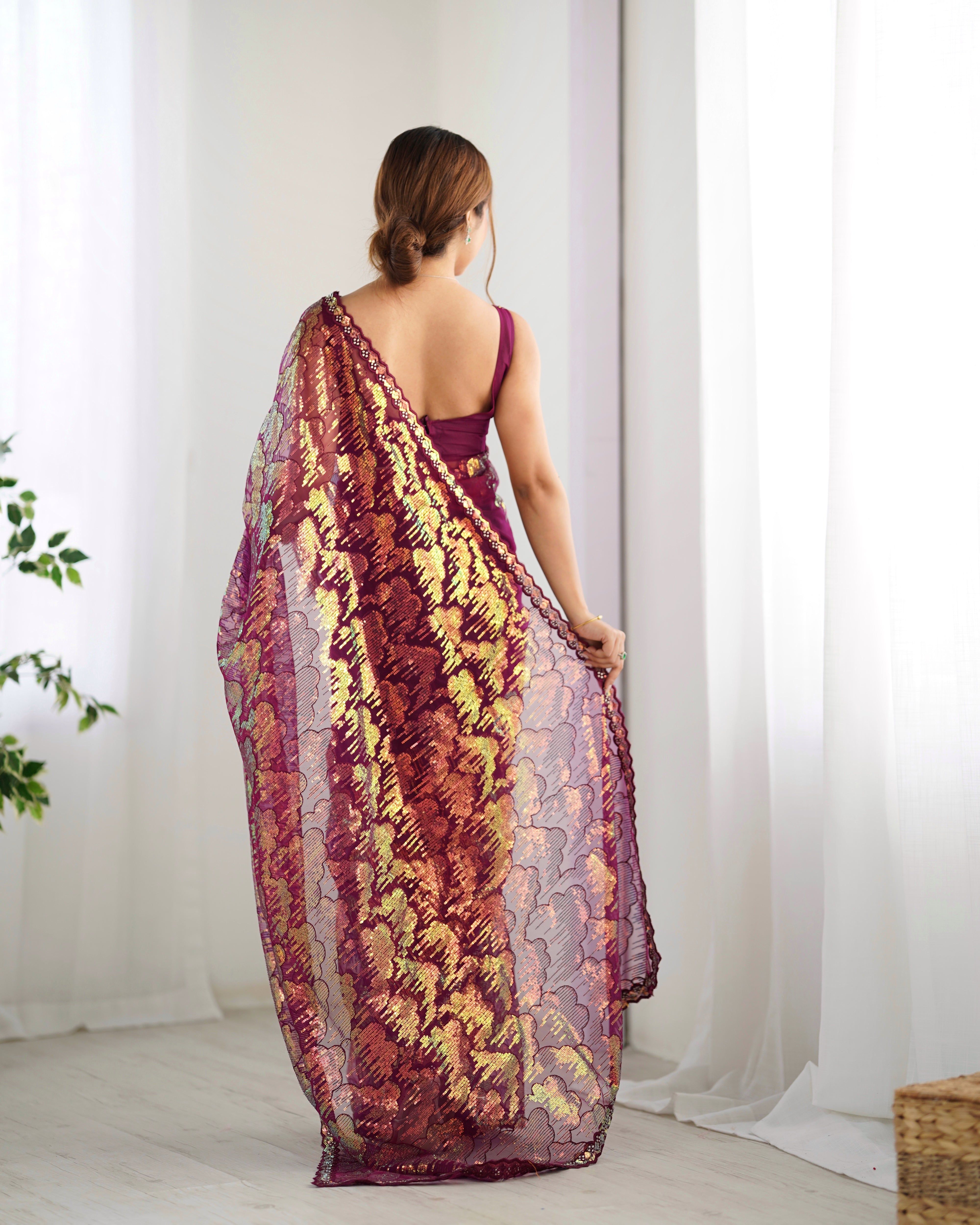 Wine Mono Net Beautiful Bollywood Saree With Designer Sequins Work