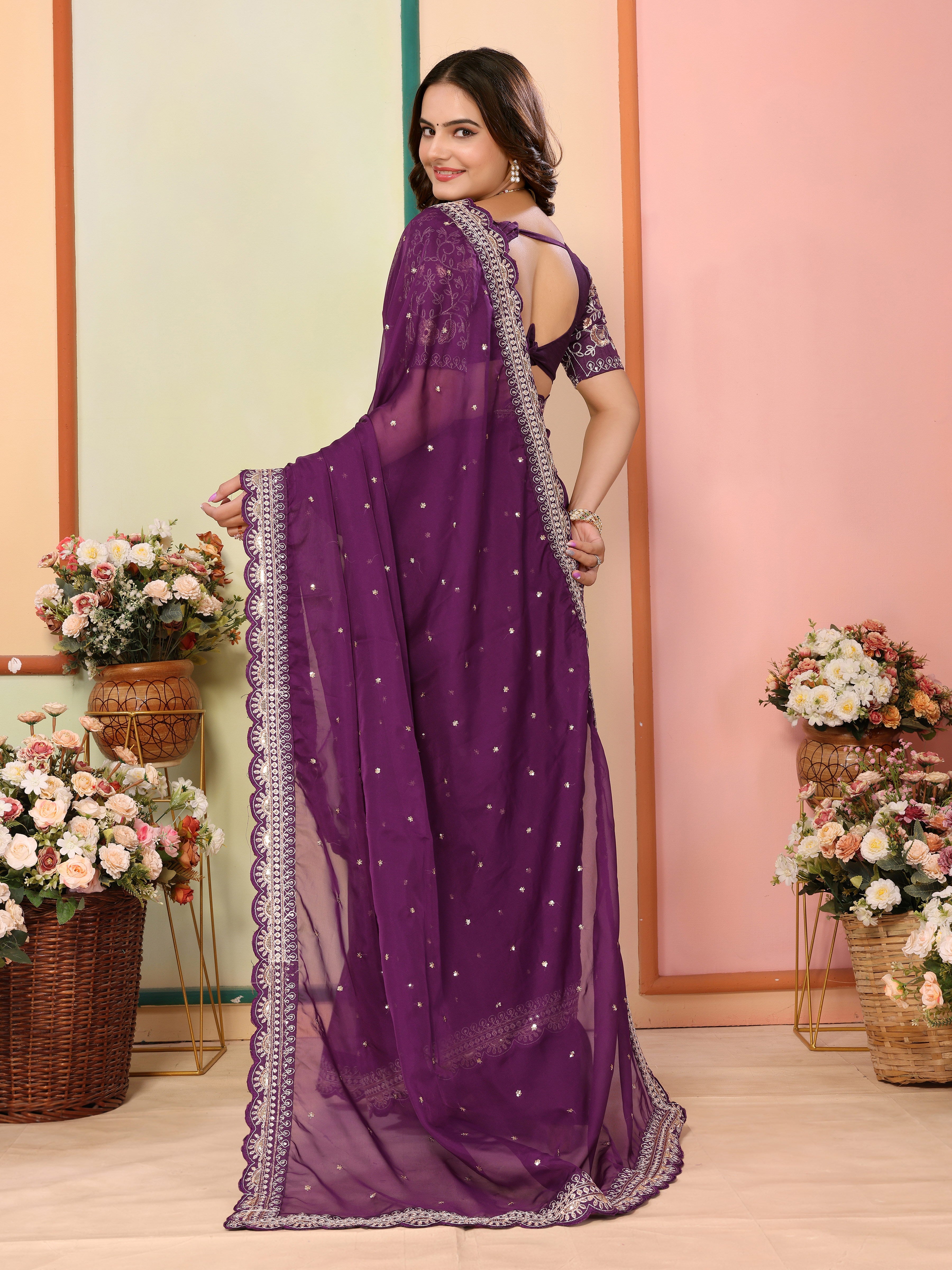 Wine Organza Designer Embroidery Work Patywear Saree