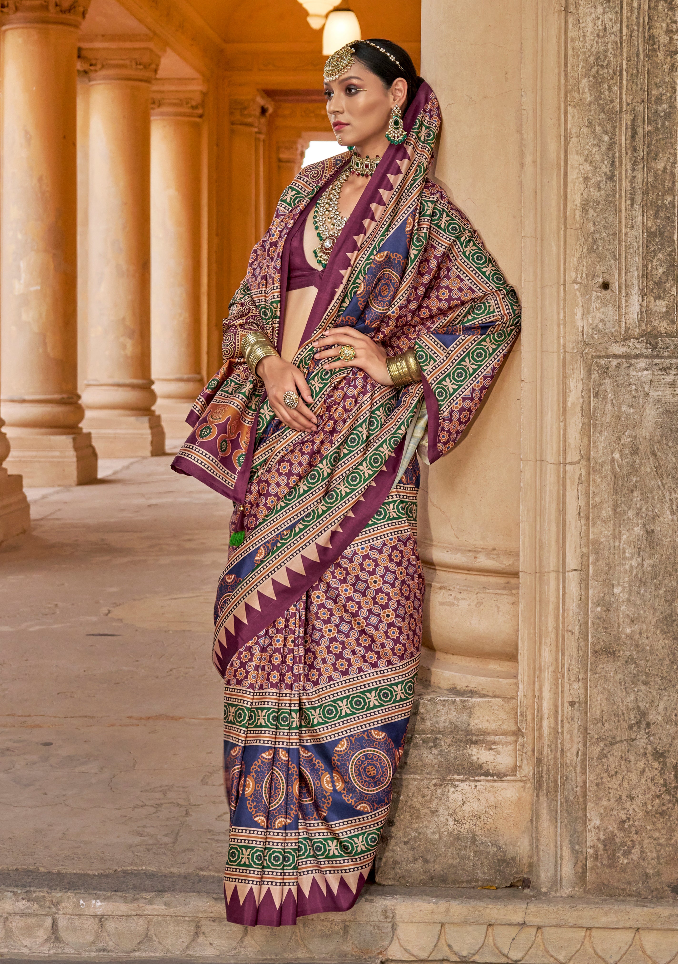 Wine PV Silk Saree with Ajrakh Print and Croma Finish