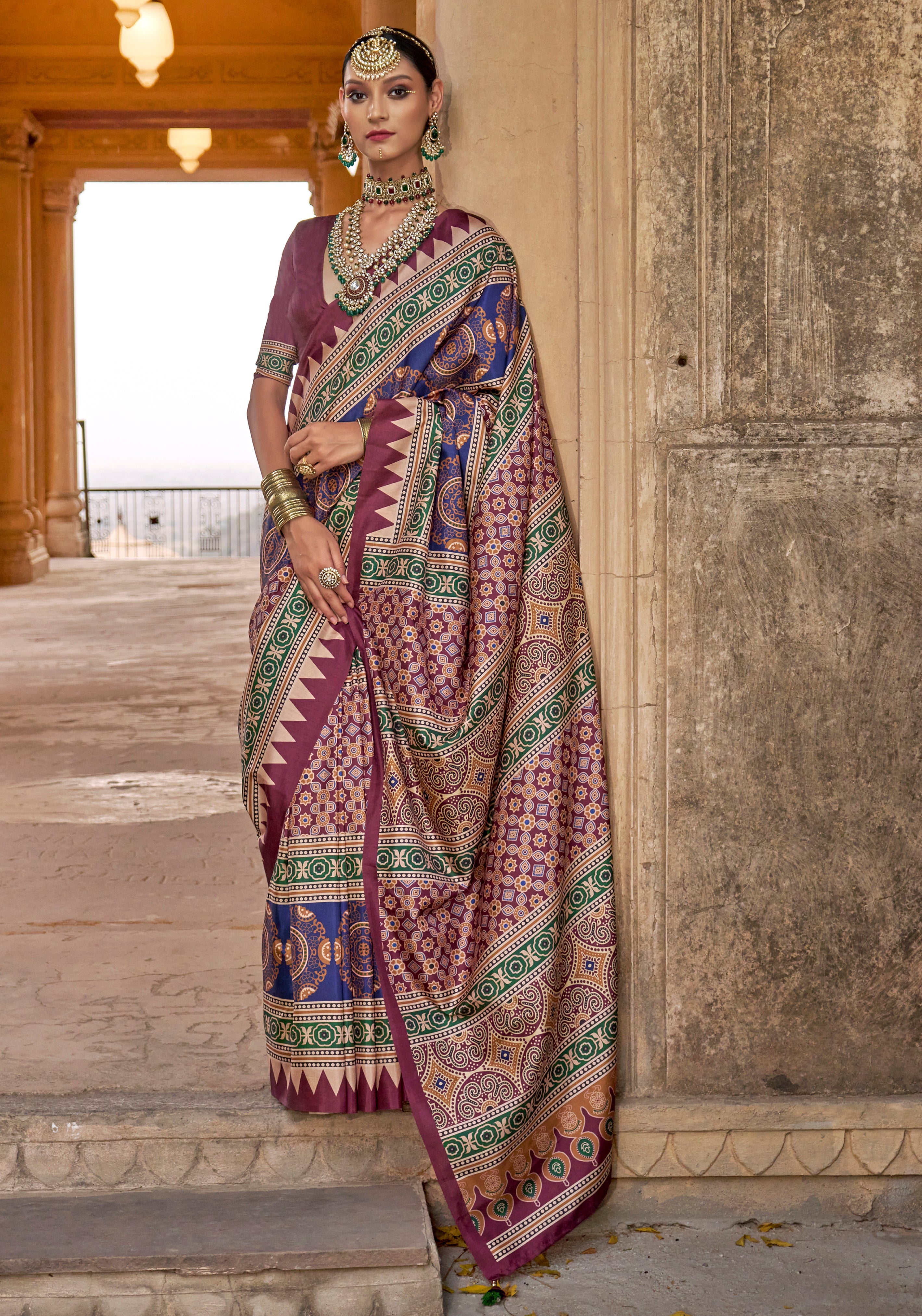 Wine PV Silk Saree with Ajrakh Print and Croma Finish