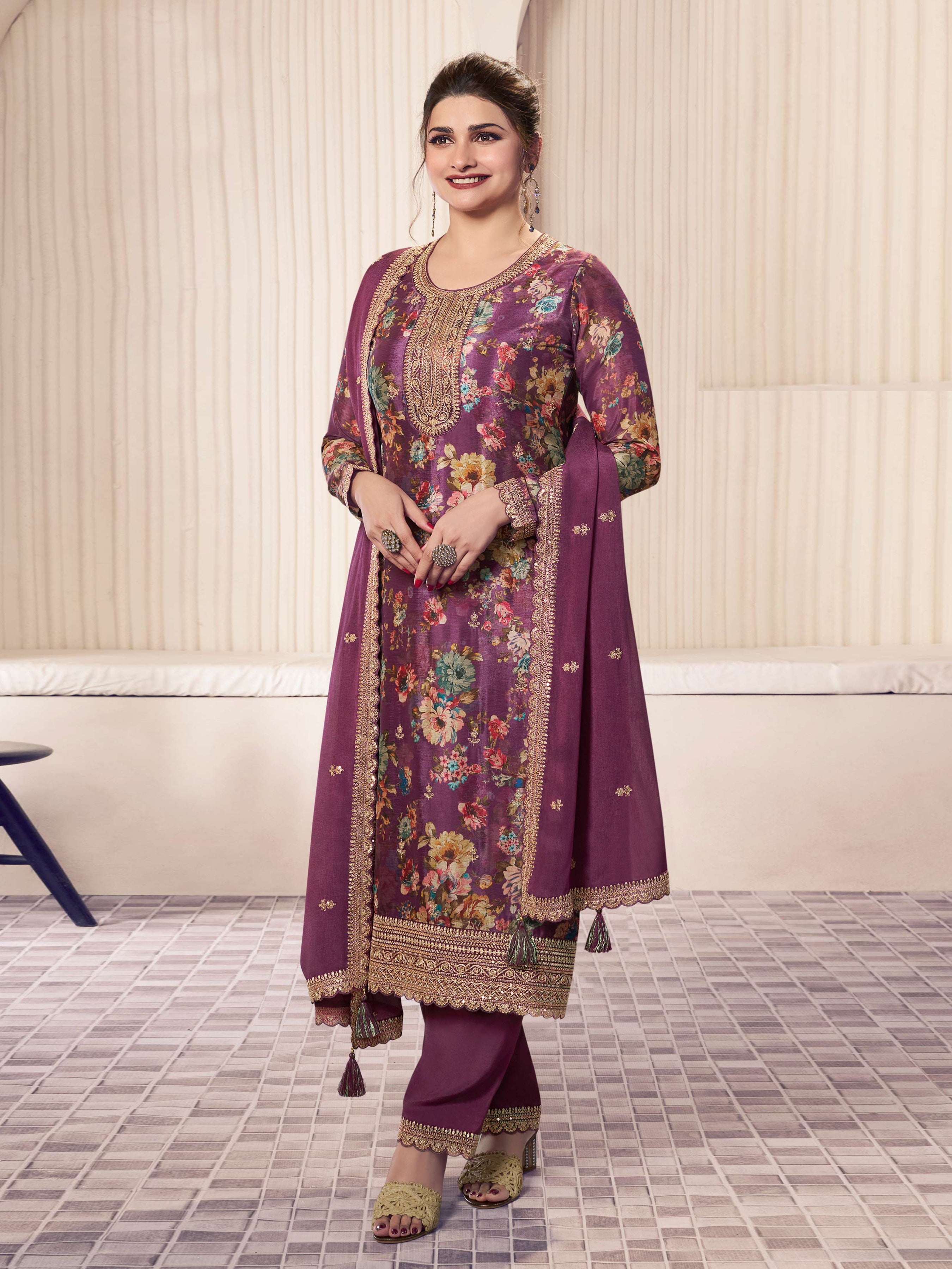 Wine Pakistani Salwar Suit With Heavy Embroidery Work