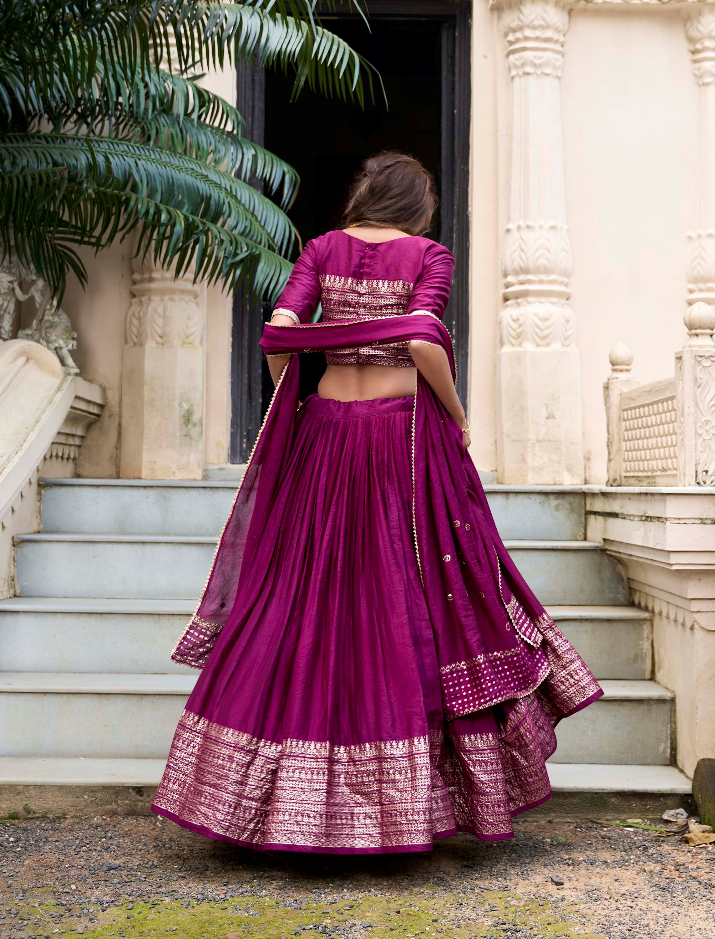 Wine Plain Chanderi Lehenga with Zari Weaving Finish