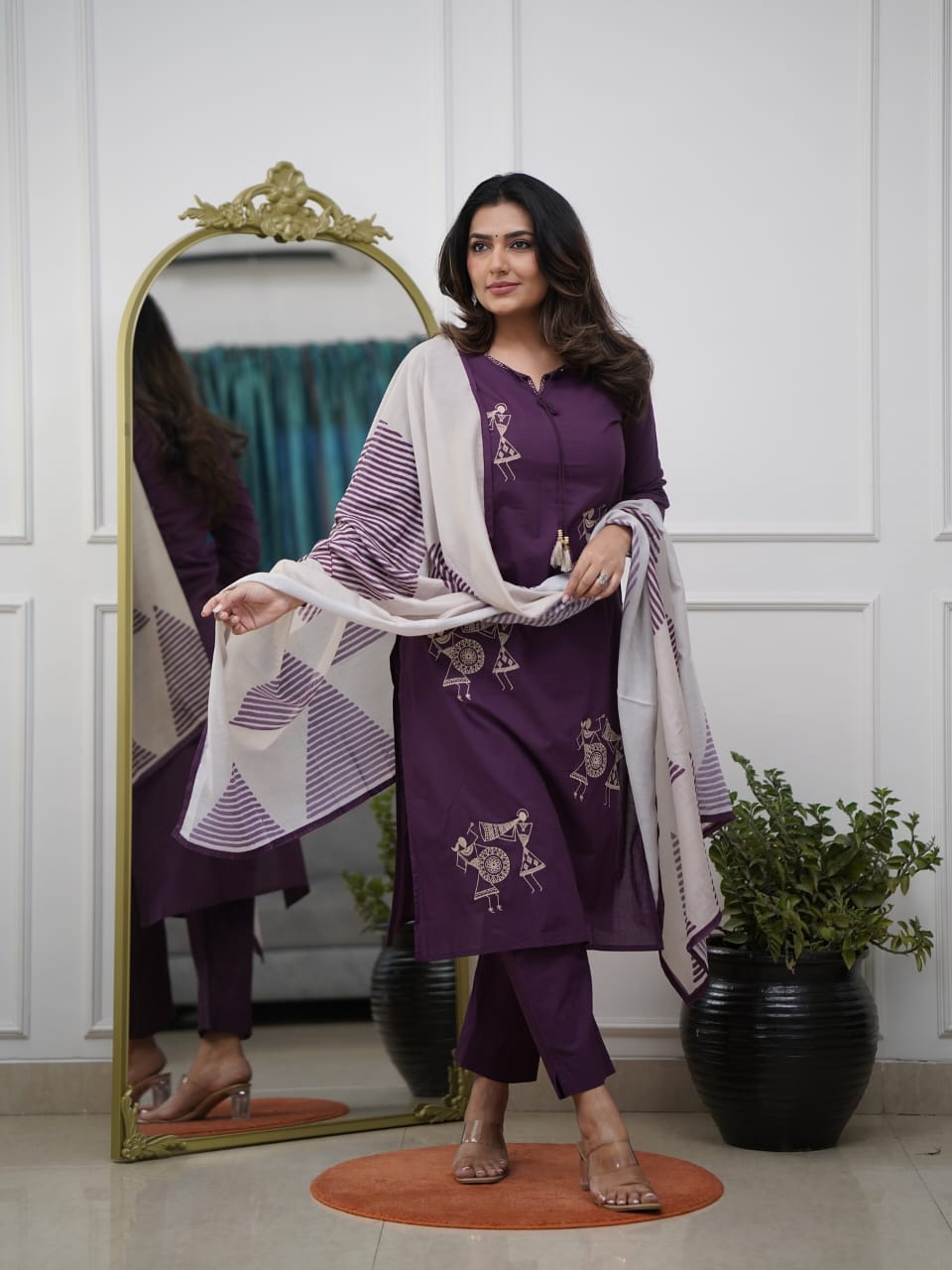 Wine Pure Silk Kurta Pant Set With Heavy Thread Embroidery Work With Printed Dupatta