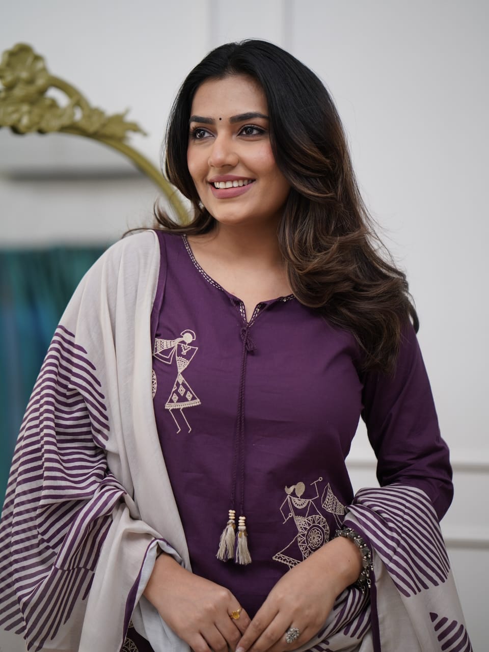 Wine Pure Silk Kurta Pant Set With Heavy Thread Embroidery Work With Printed Dupatta