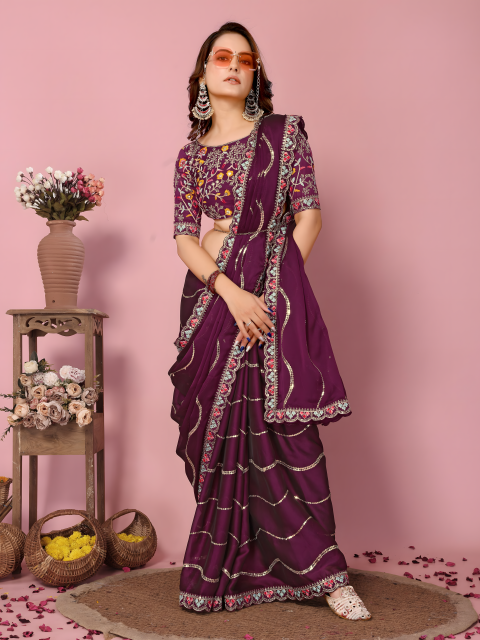 Wine Rangoli Silk Saree with Embroidery cut work Lace with sequence work