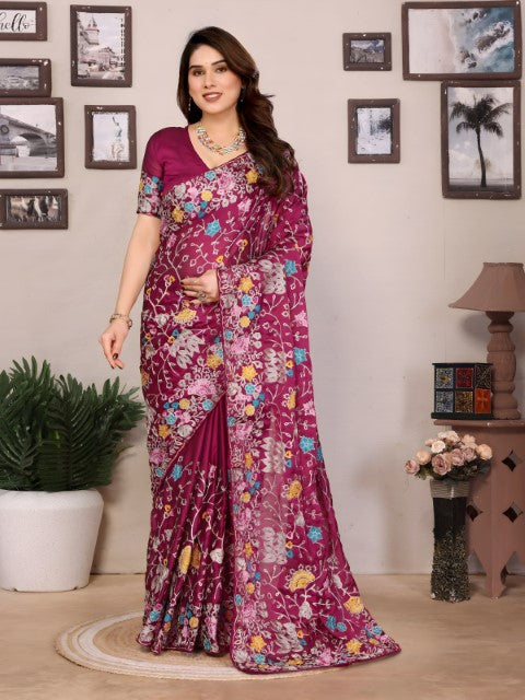 Wine Rangoli Silk Saree with Embroidery with piping border Work
