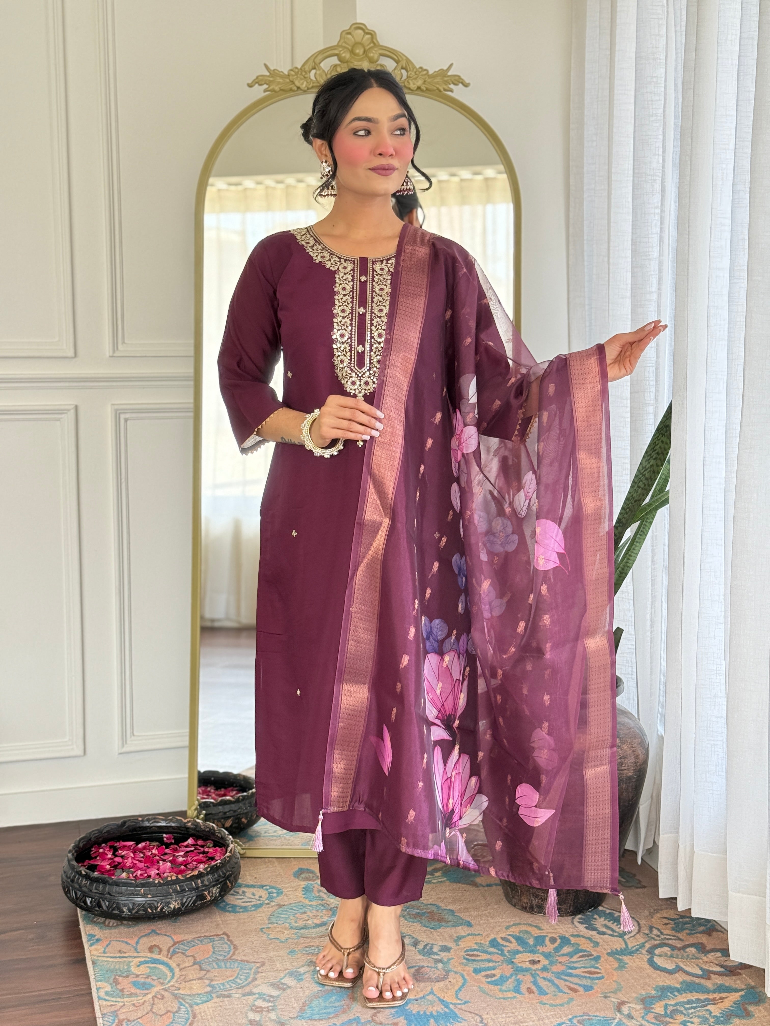 Wine Rayon Kurta Pant Set With Heavy Thread Embroidery Work With Printed Dupatta