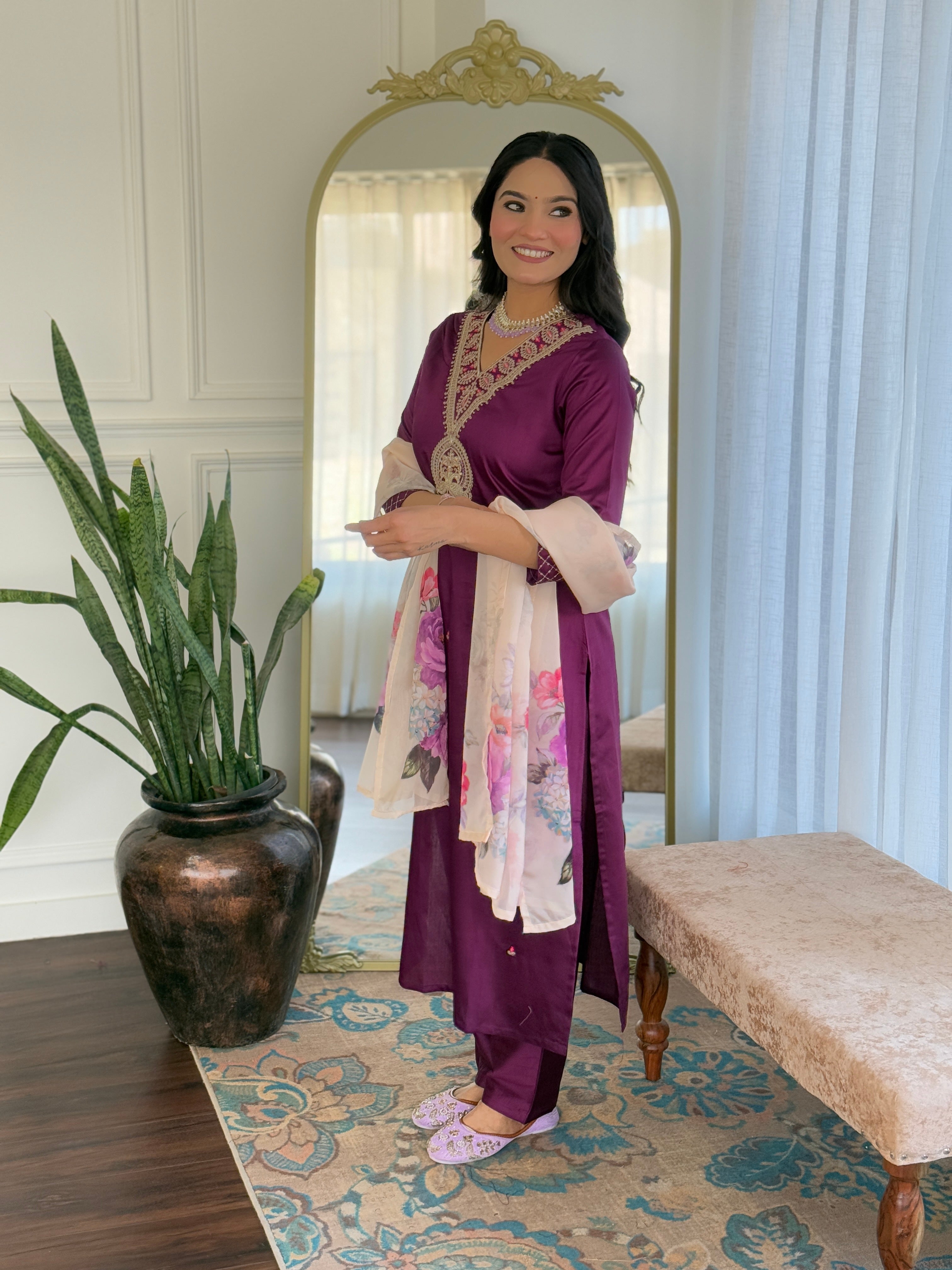 Wine Rayon Slub Elegant Kurta Pant Set With Embroidery Work