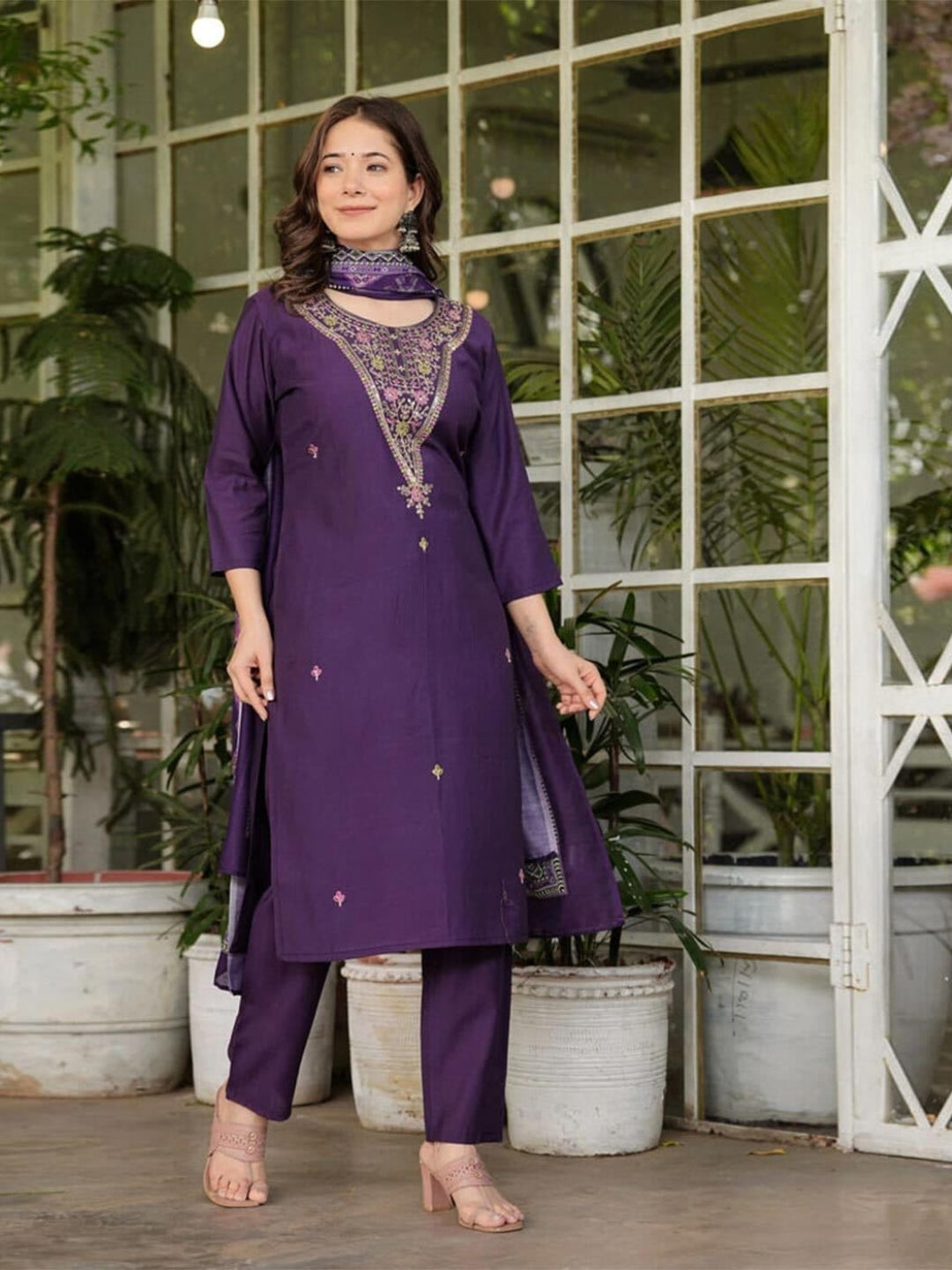 Wine Rayon Slub Elegant Kurta Pant Set With Embroidery Work
