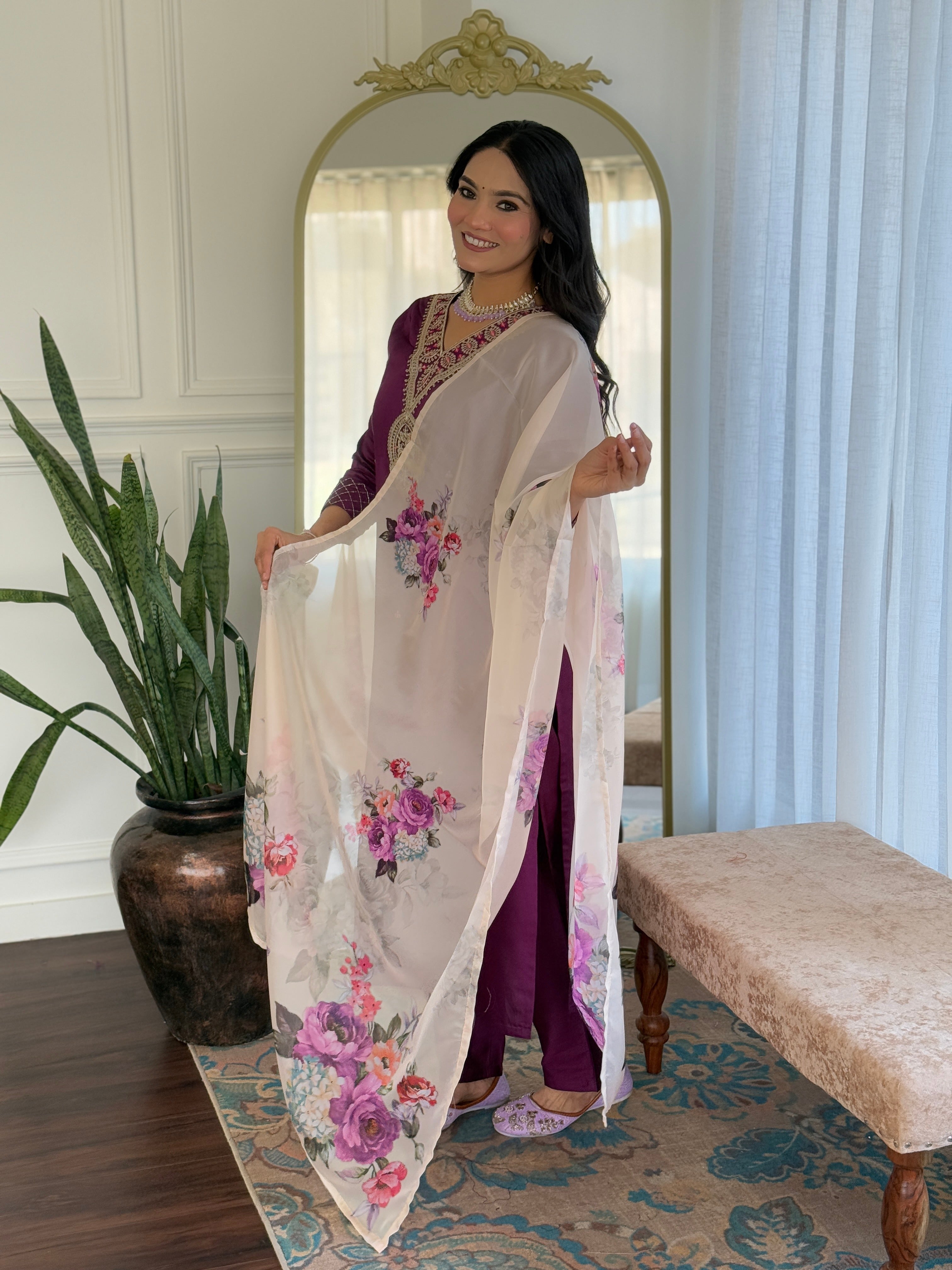 Wine Rayon Slub Elegant Kurta Pant Set With Embroidery Work