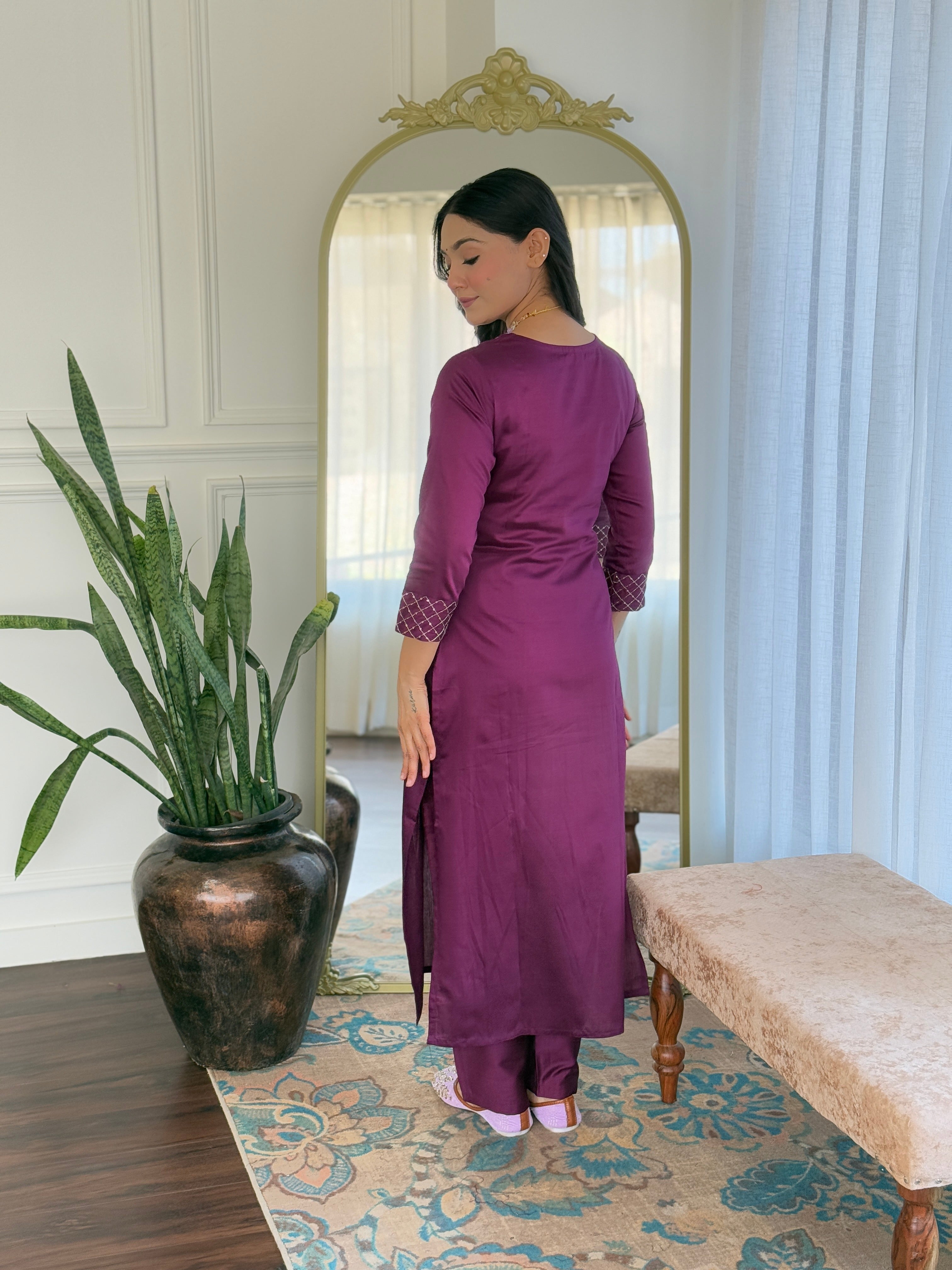 Wine Rayon Slub Elegant Kurta Pant Set With Embroidery Work