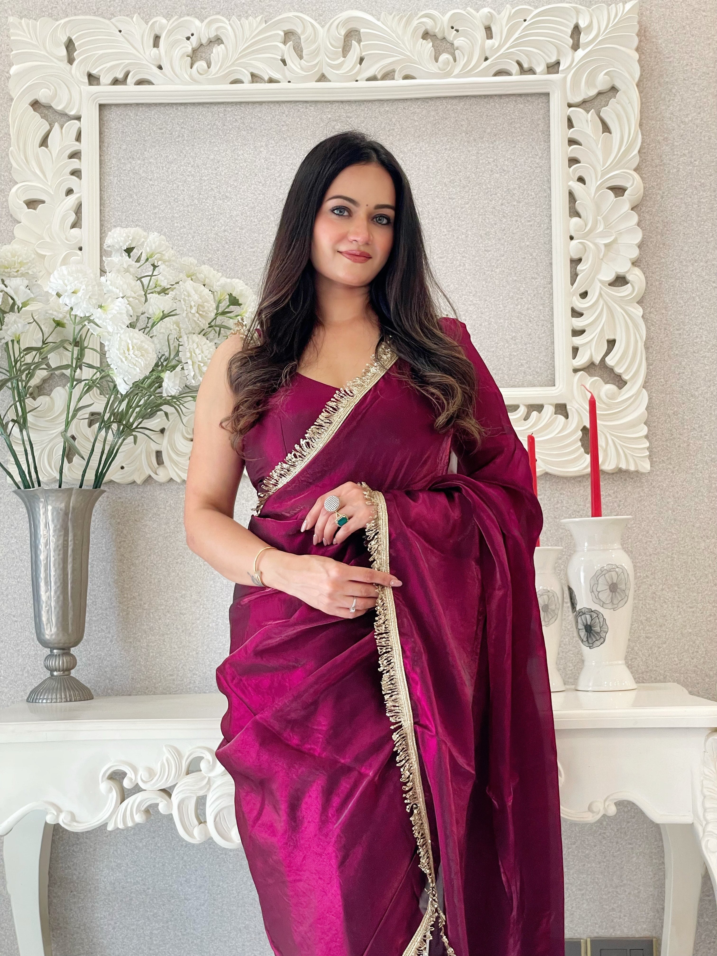 Wine Ready To Wear Fendy Satin Saree Designed With Lace Border