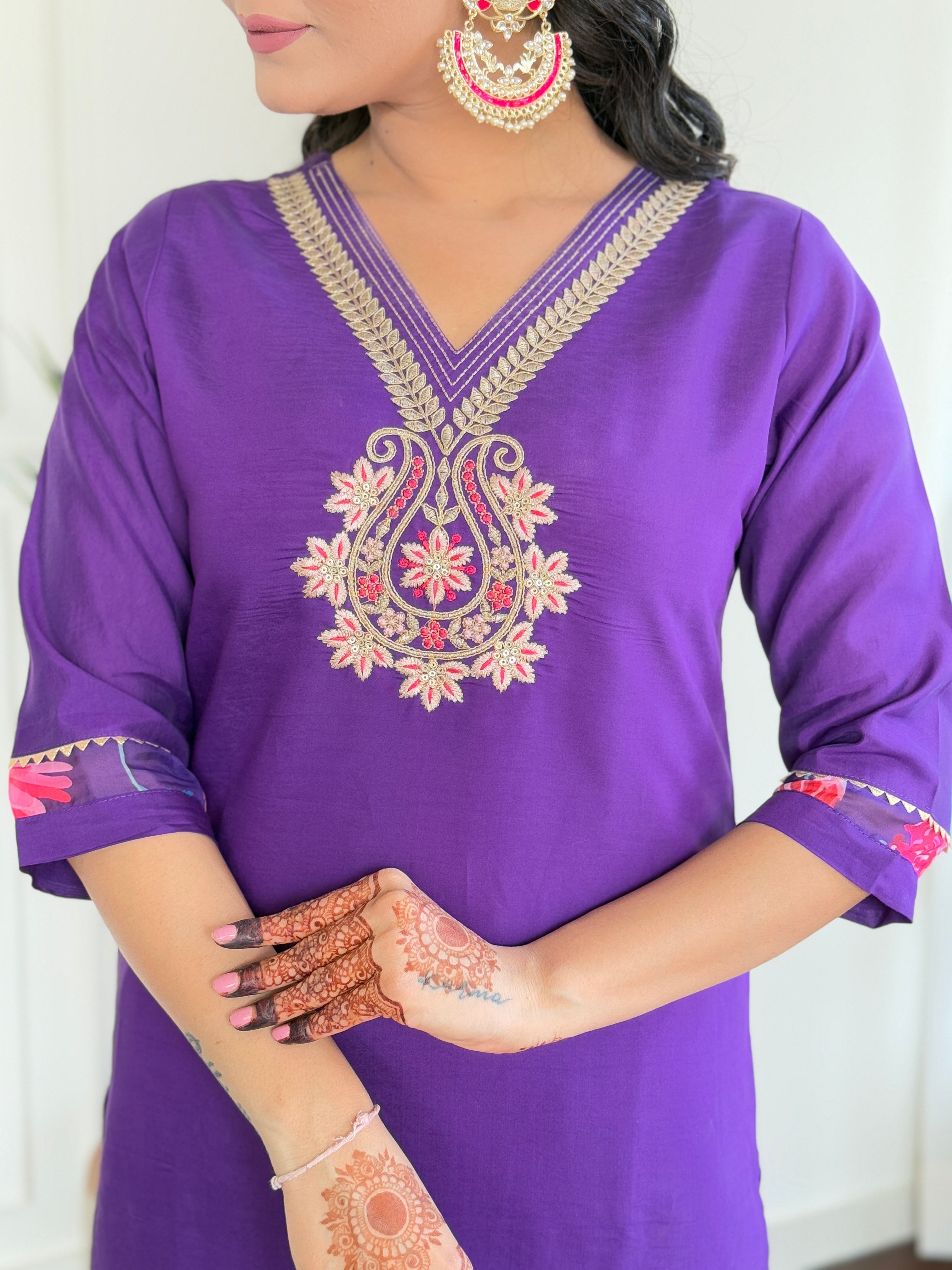 Wine Roman Silk Elegant Kurta Pant Set With Embroidery Work