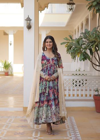 Wine Russian silk Suit With Embroidery Zari Sequins-work