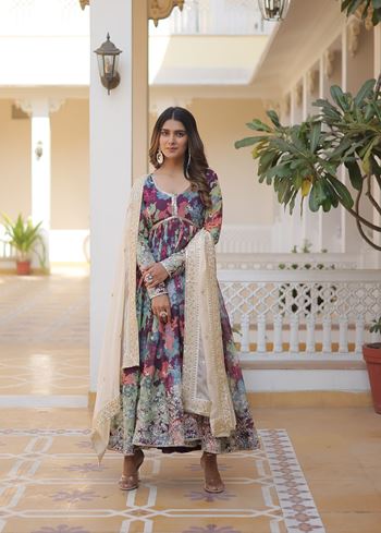 Wine Russian silk Suit With Embroidery Zari Sequins-work