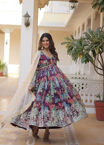 Wine Russian silk Suit With Embroidery Zari Sequins-work