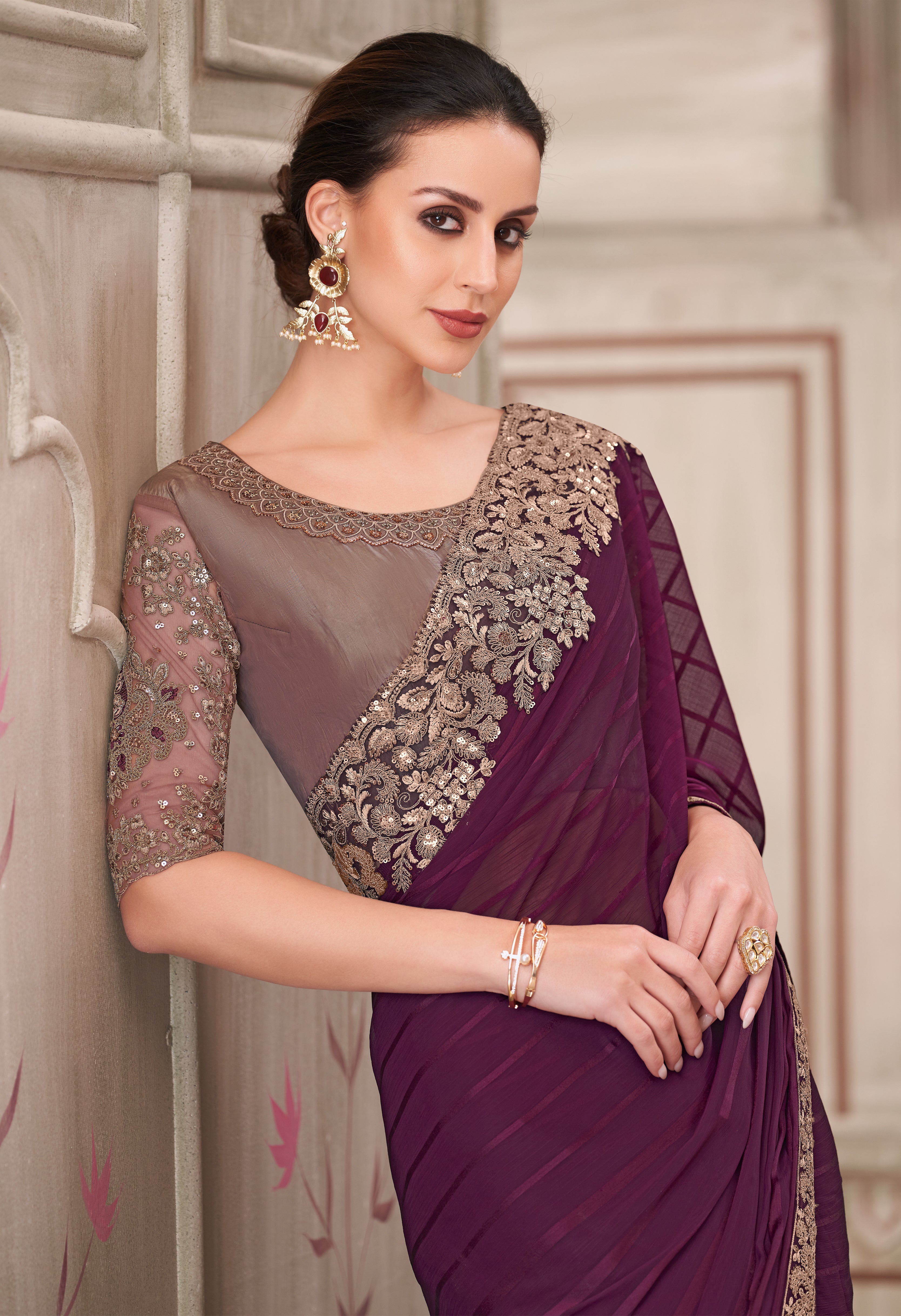 Wine Saree With Heavy Thread Embroidery Sequins Border Work With Embroidery Blouse