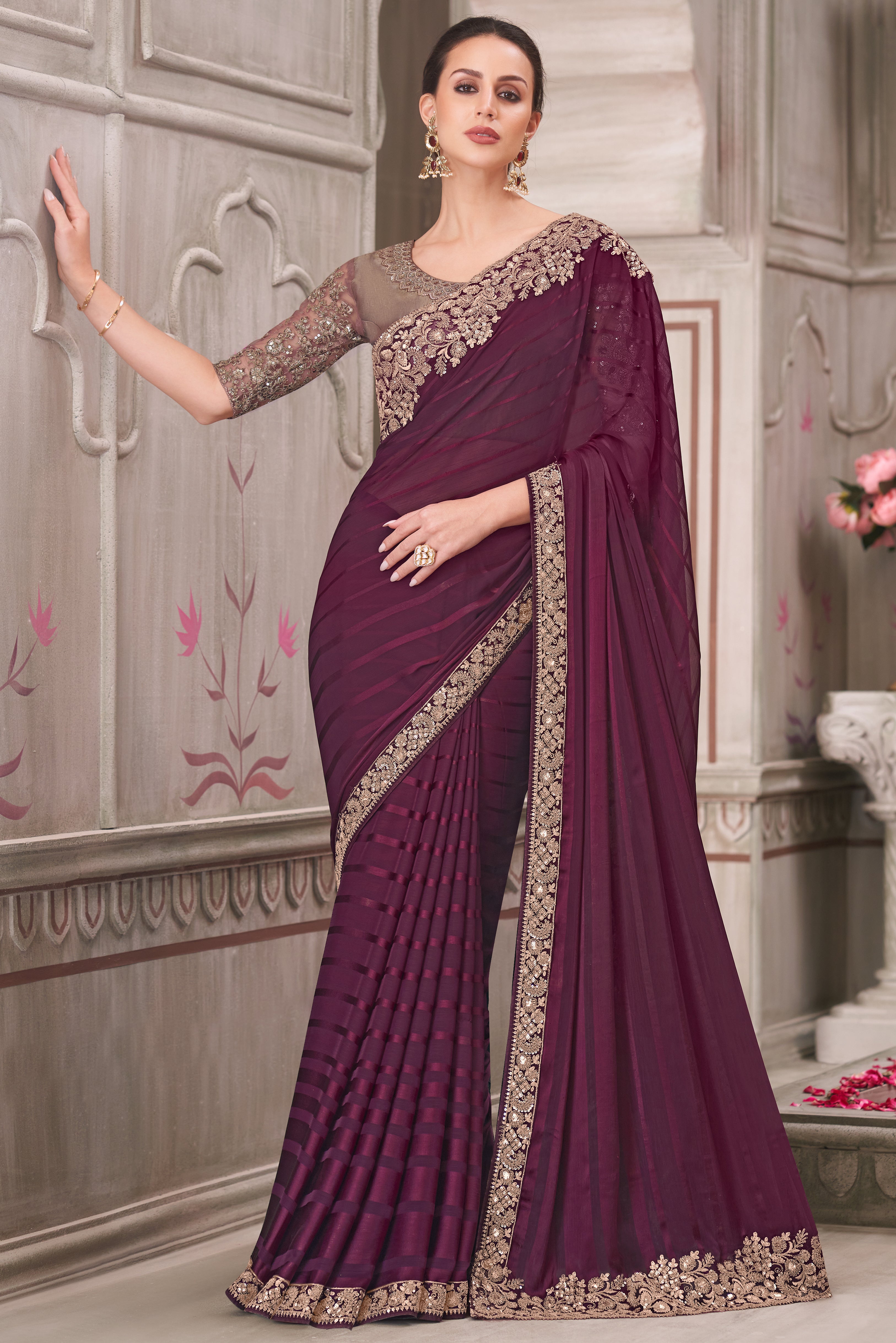 Wine Saree With Heavy Thread Embroidery Sequins Border Work With Embroidery Blouse
