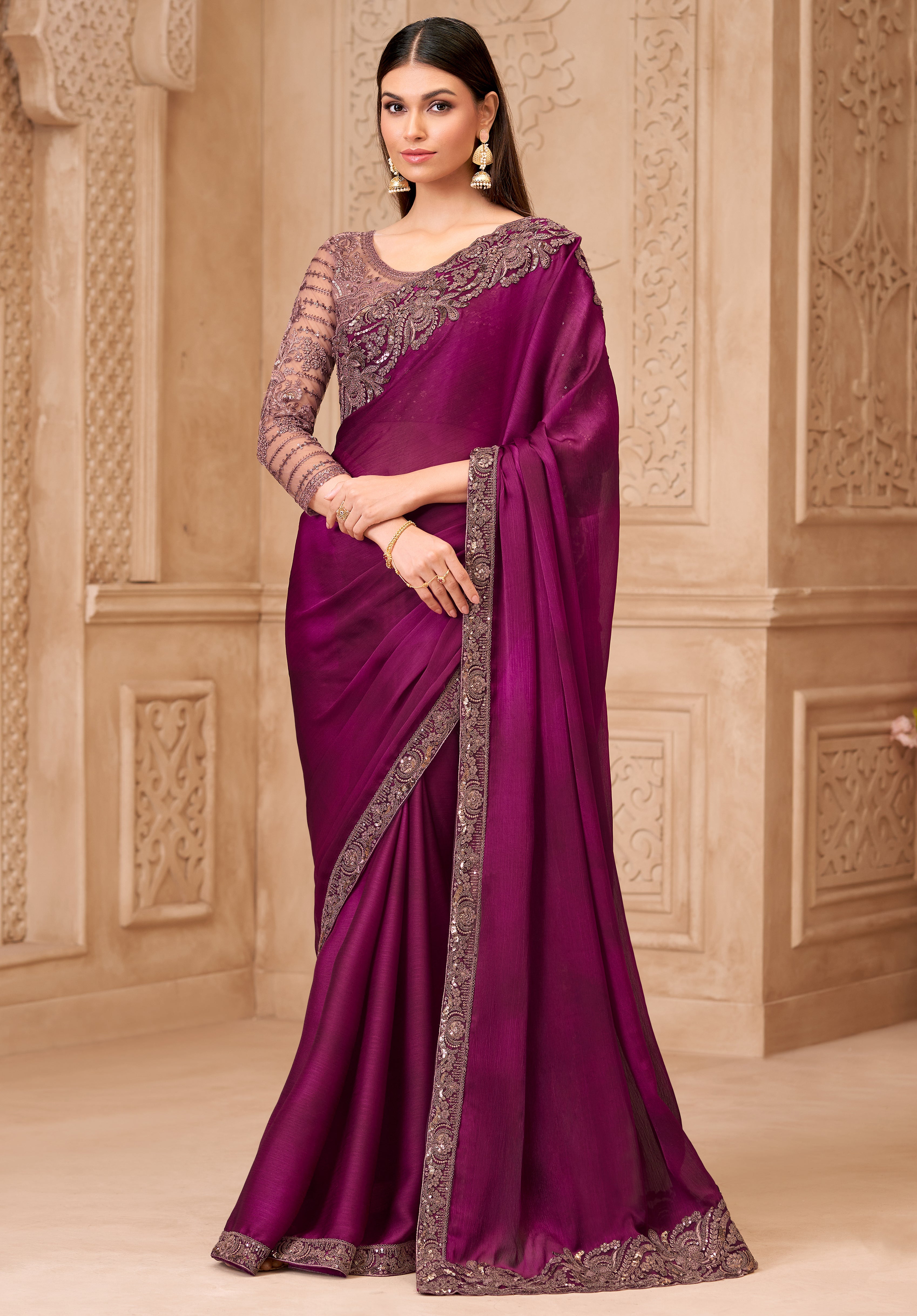 Wine Saree With Heavy Thread Embroidery Sequins Border Work With Embroidery Blouse