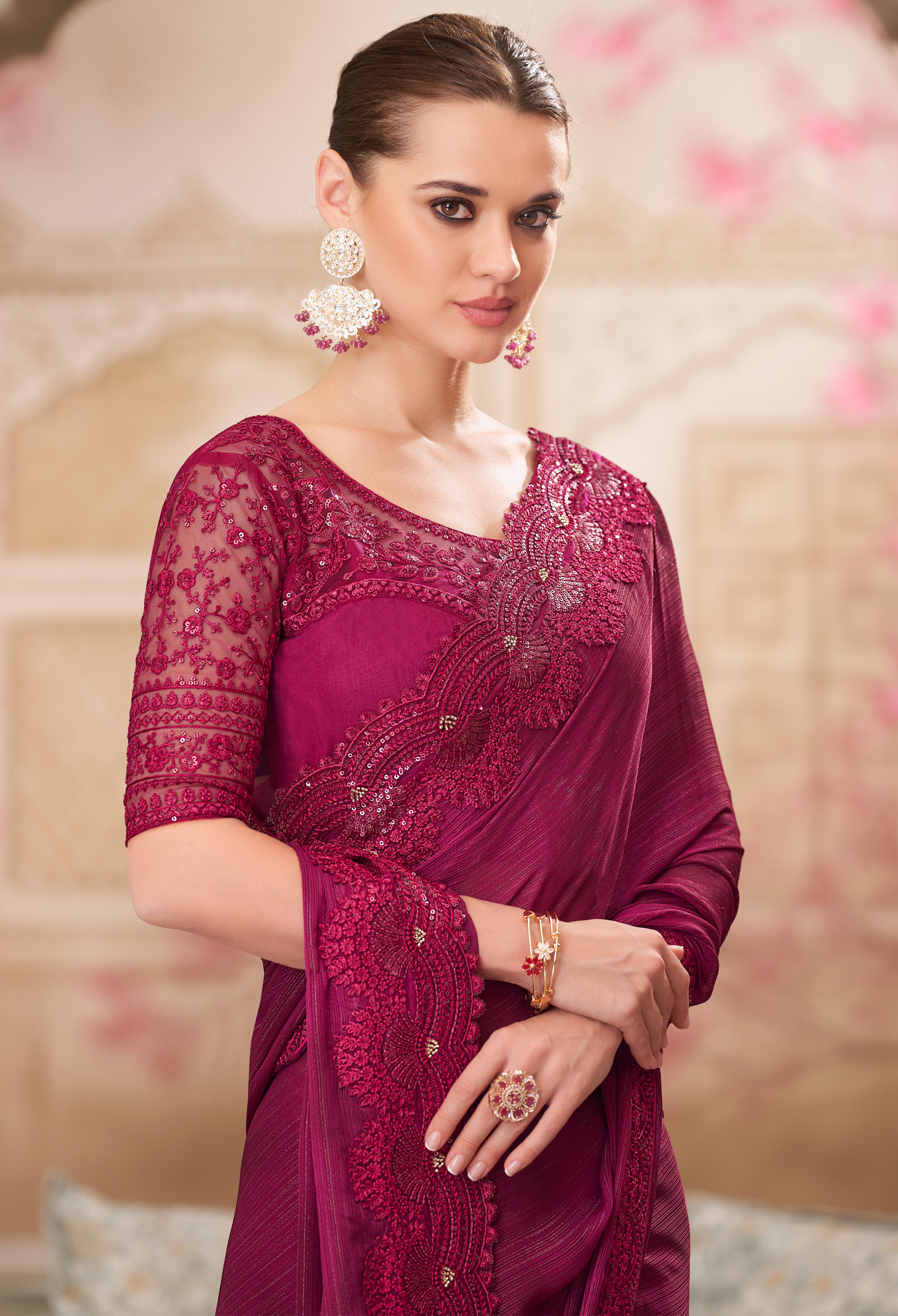 Wine Saree With Heavy Thread Embroidery Sequins Border Work With Embroidery Blouse
