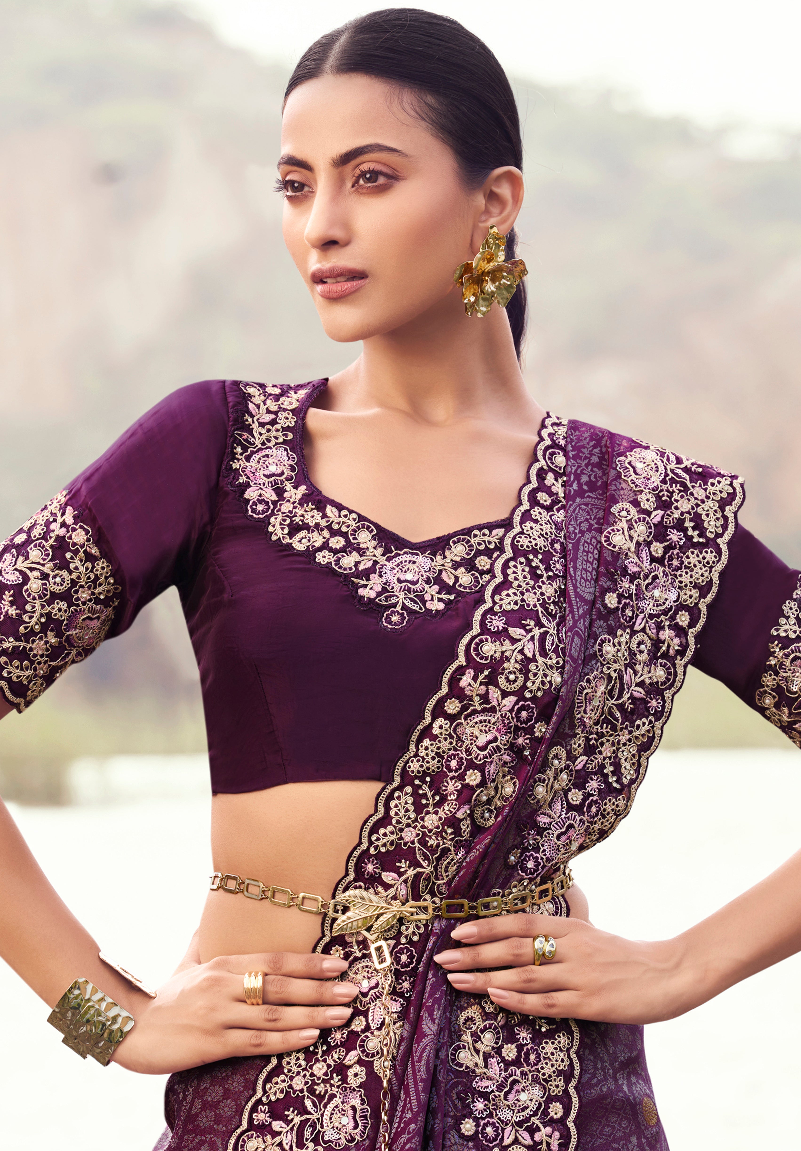Wine Saree With Jacquard Woven With Embroidered Border & Blouse