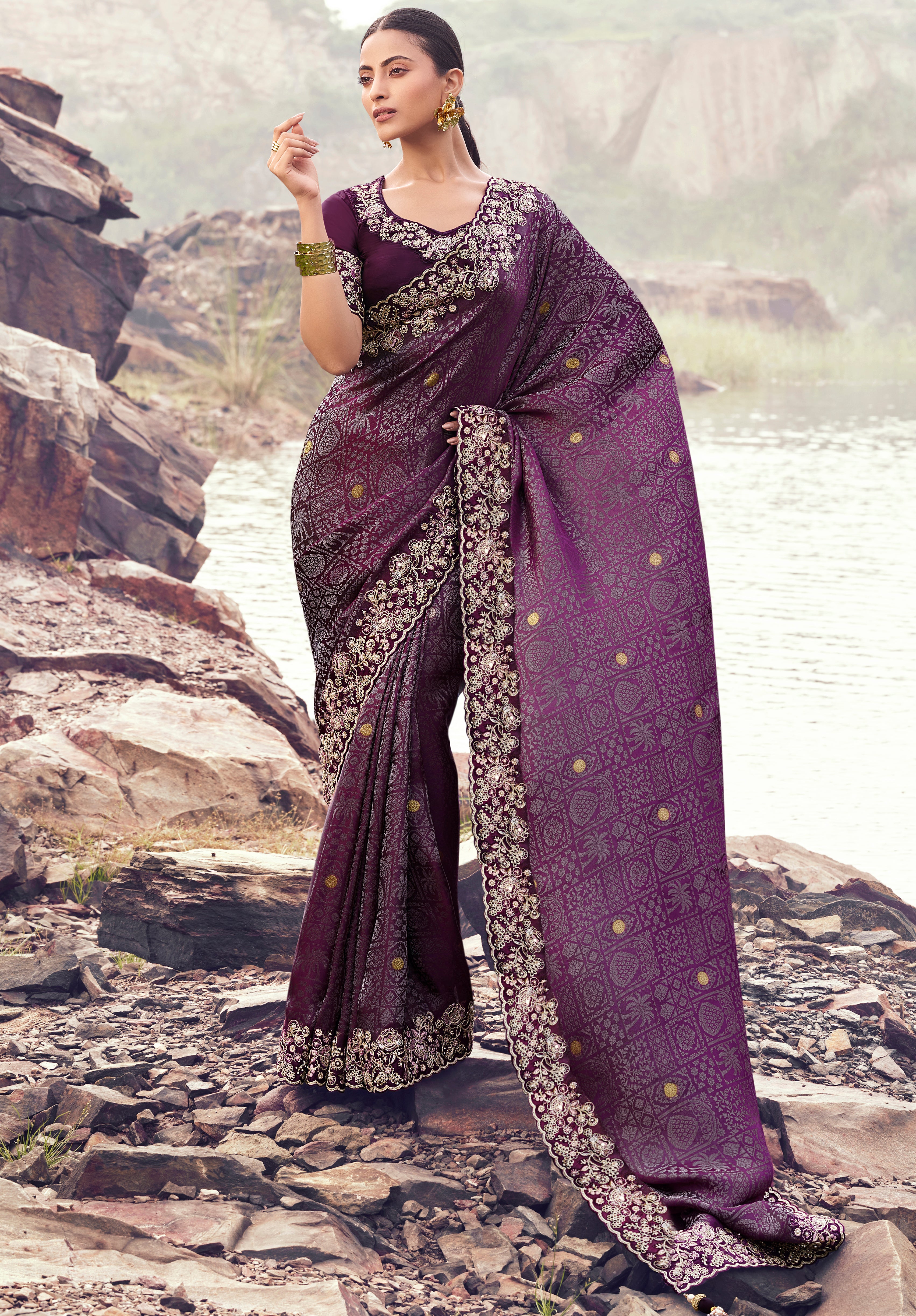 Wine Saree With Jacquard Woven With Embroidered Border & Blouse