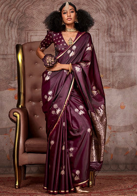 Wine Saree With Jacquard Woven Work