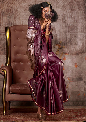 Wine Saree With Jacquard Woven Work