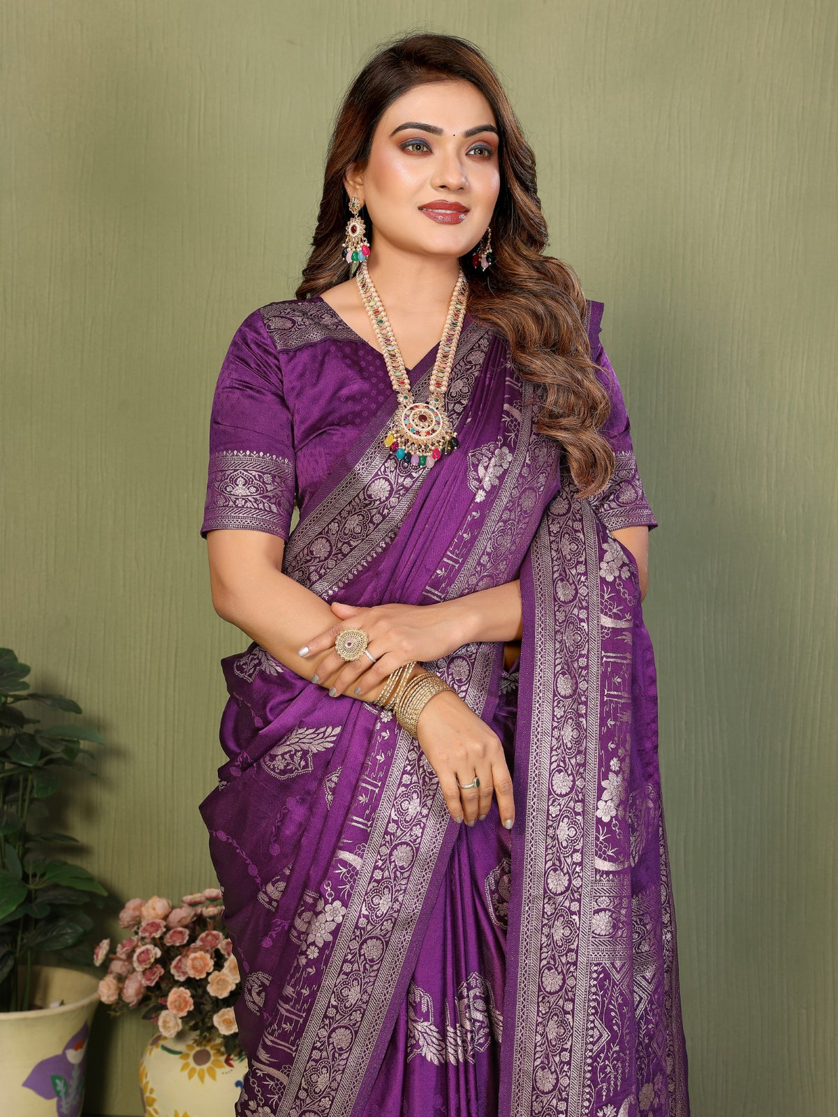 Wine Satin Silk Saree With Designer Zari Weaving Butta