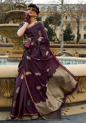 Wine Satin Silk Saree With Jacquard Woven Work
