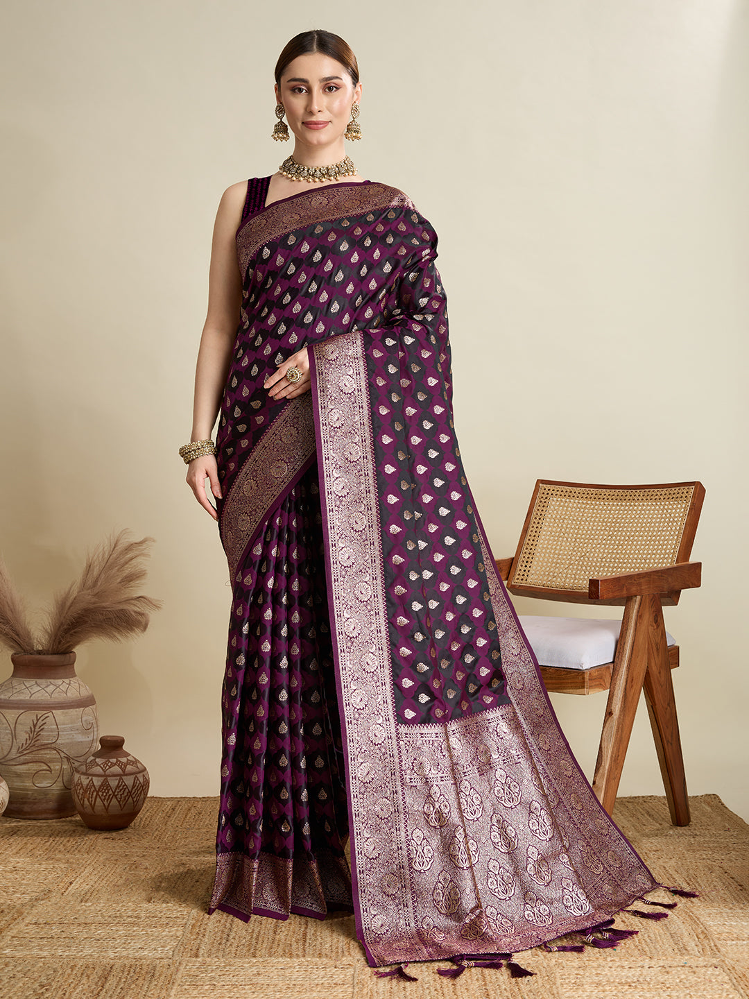 Wine Satin Silk Woven Jari Designer Graceful Ethnic Saree