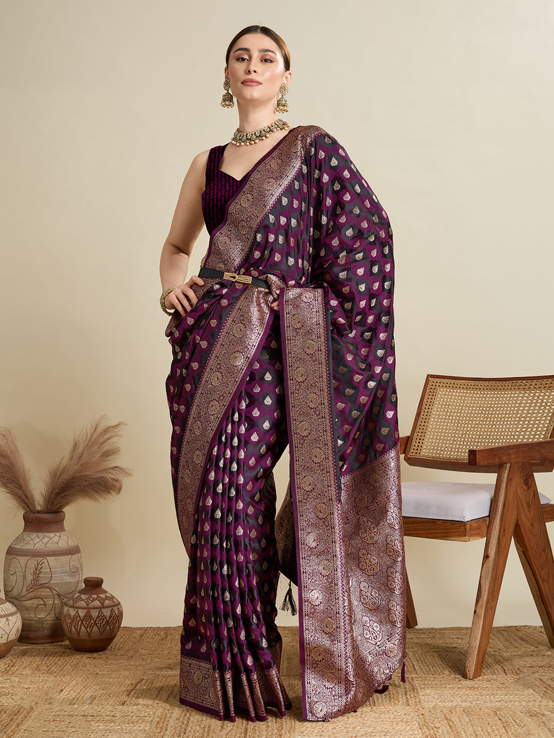 Wine Satin Silk Woven Jari Designer Graceful Ethnic Saree