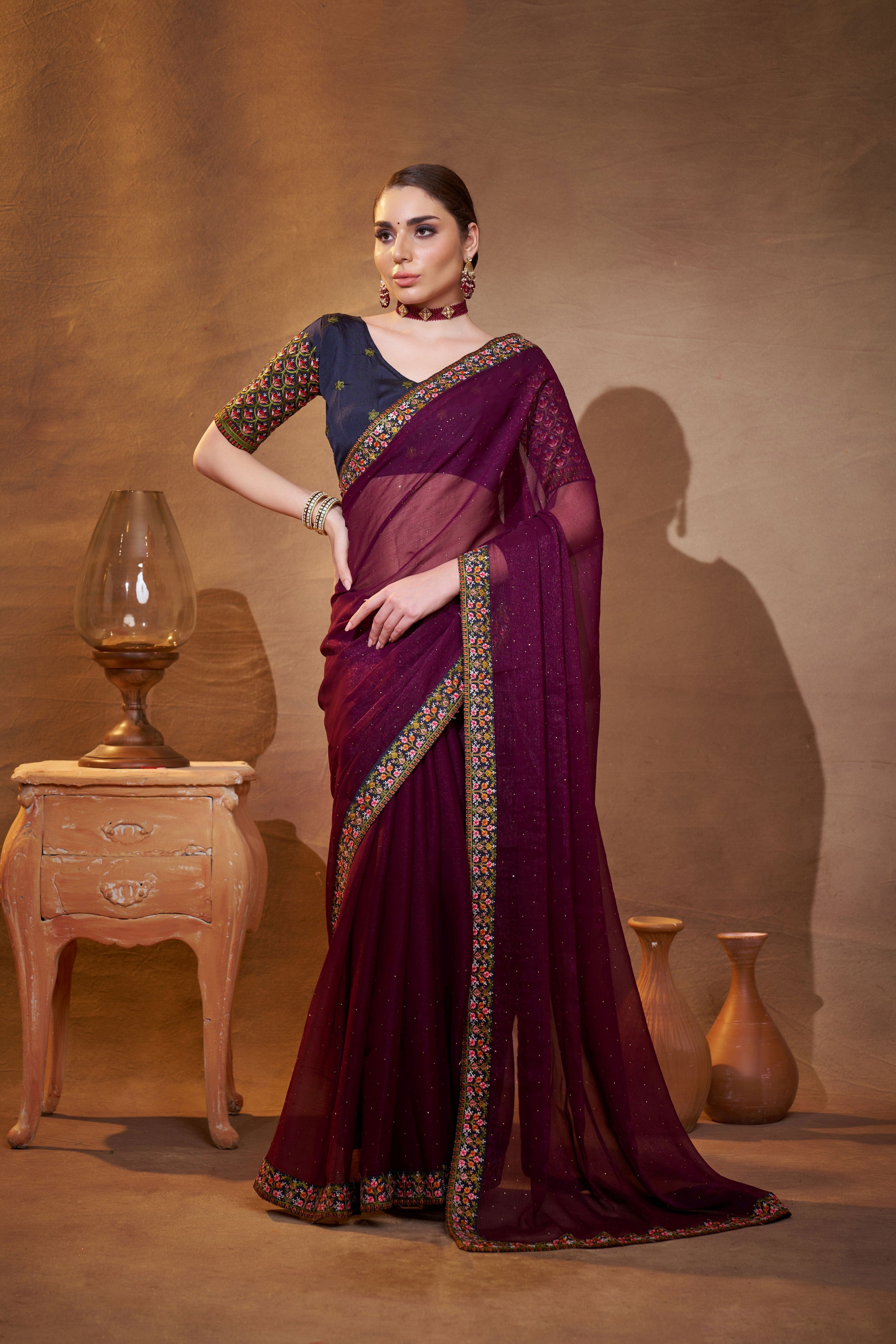 Wine Shimmer Chiffon Designer Embroidery Work Partywear Saree