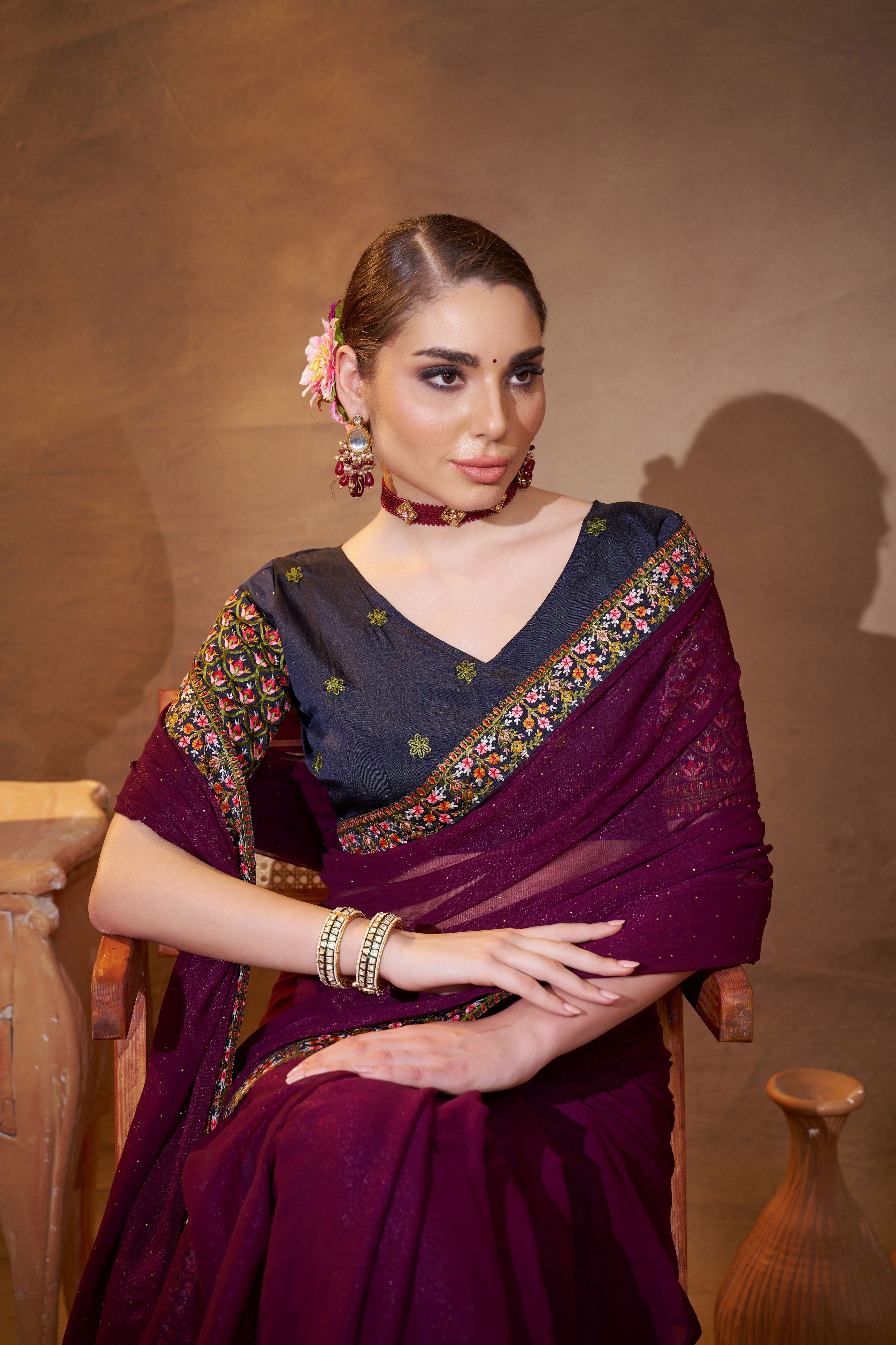 Wine Shimmer Chiffon Designer Embroidery Work Partywear Saree